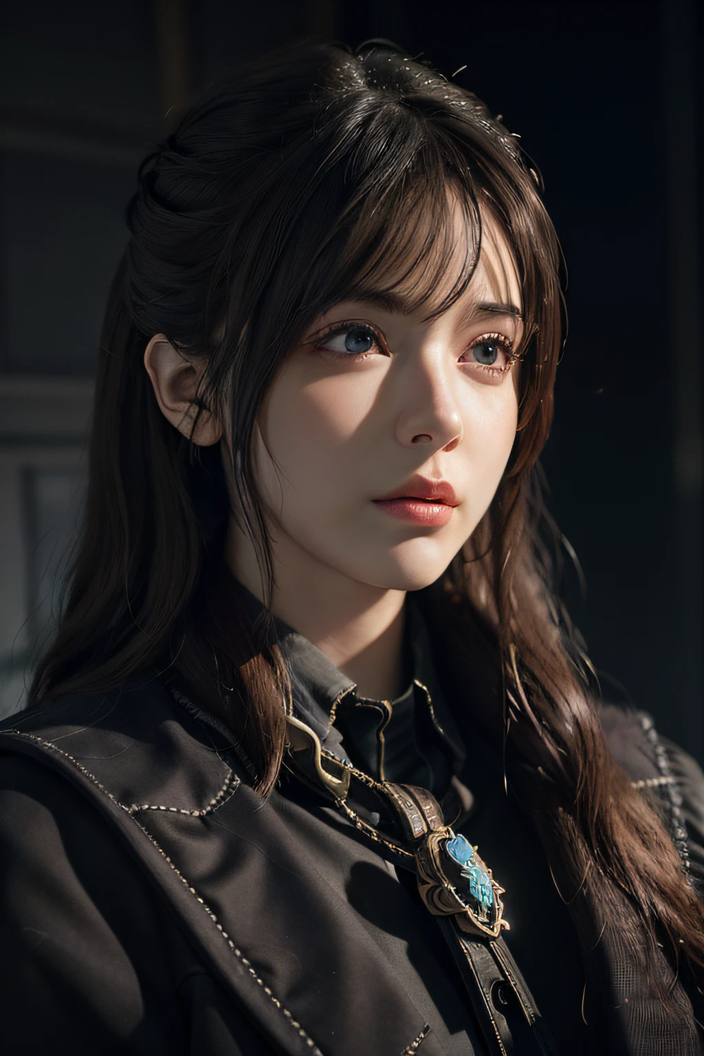 Hyperrealist portrait of female by david hockney and alphonse mucha,fantasy art, photo realistic, dynamic lighting, artstation, poster, volumetric lighting, very detailed faces, 4 k, award winning,, 1girl, in the dark, deep shadow, low key,cowboy shot,(official clothing:1.4) ,long hair,white hair,