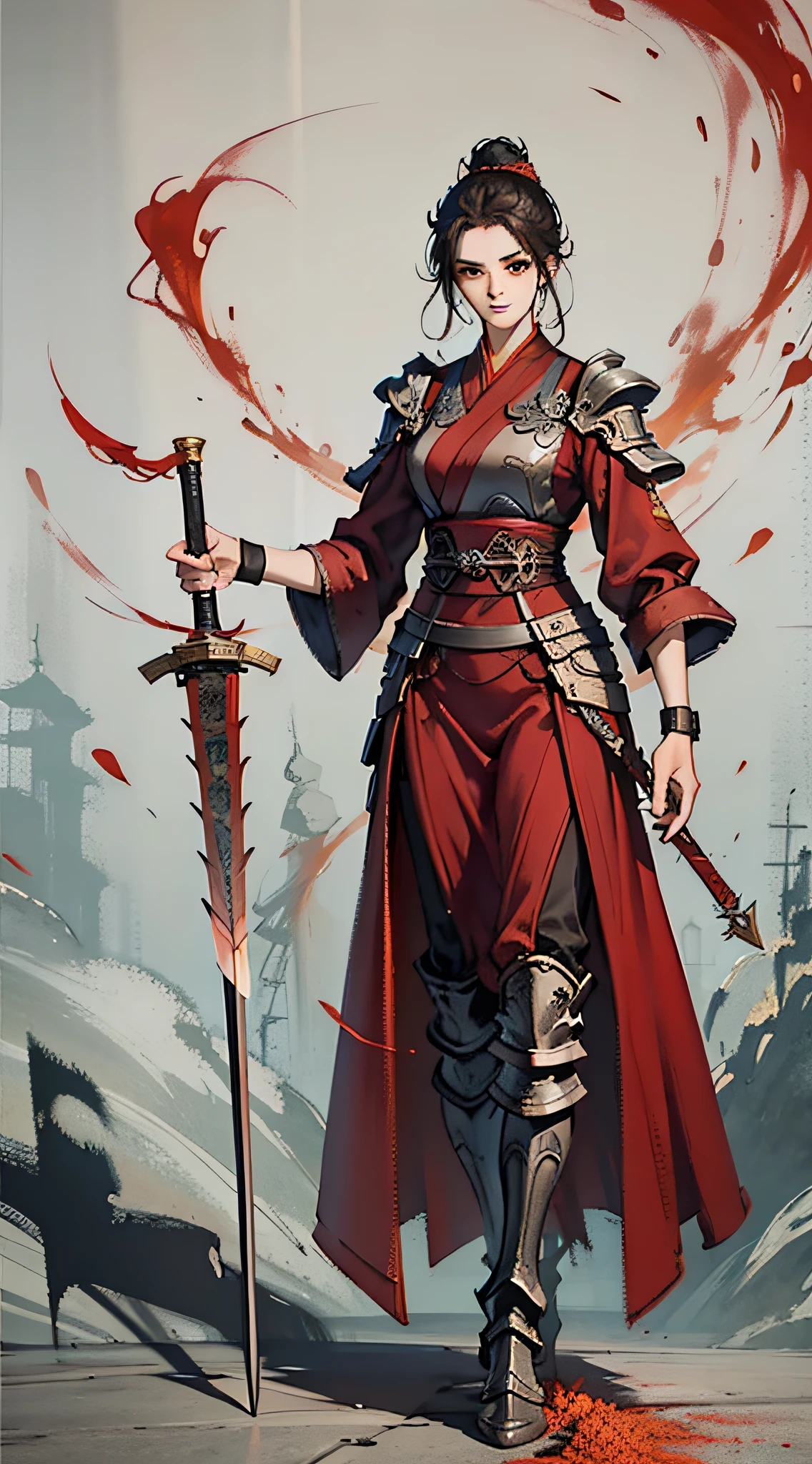 Chinese style, ancient battlefield, an ancient Chinese female general, holding a sword in her hand, grim expression, full body, amazing facial features, red robe, armor, boots, yellow sand in the sky, fleeing crowd, firelight, game model, stunning lighting, C4D, OC rendering, cinematic edge light, delicate light, masterpiece, super detailed, epic composition, super HD, high quality, highest quality, 32k