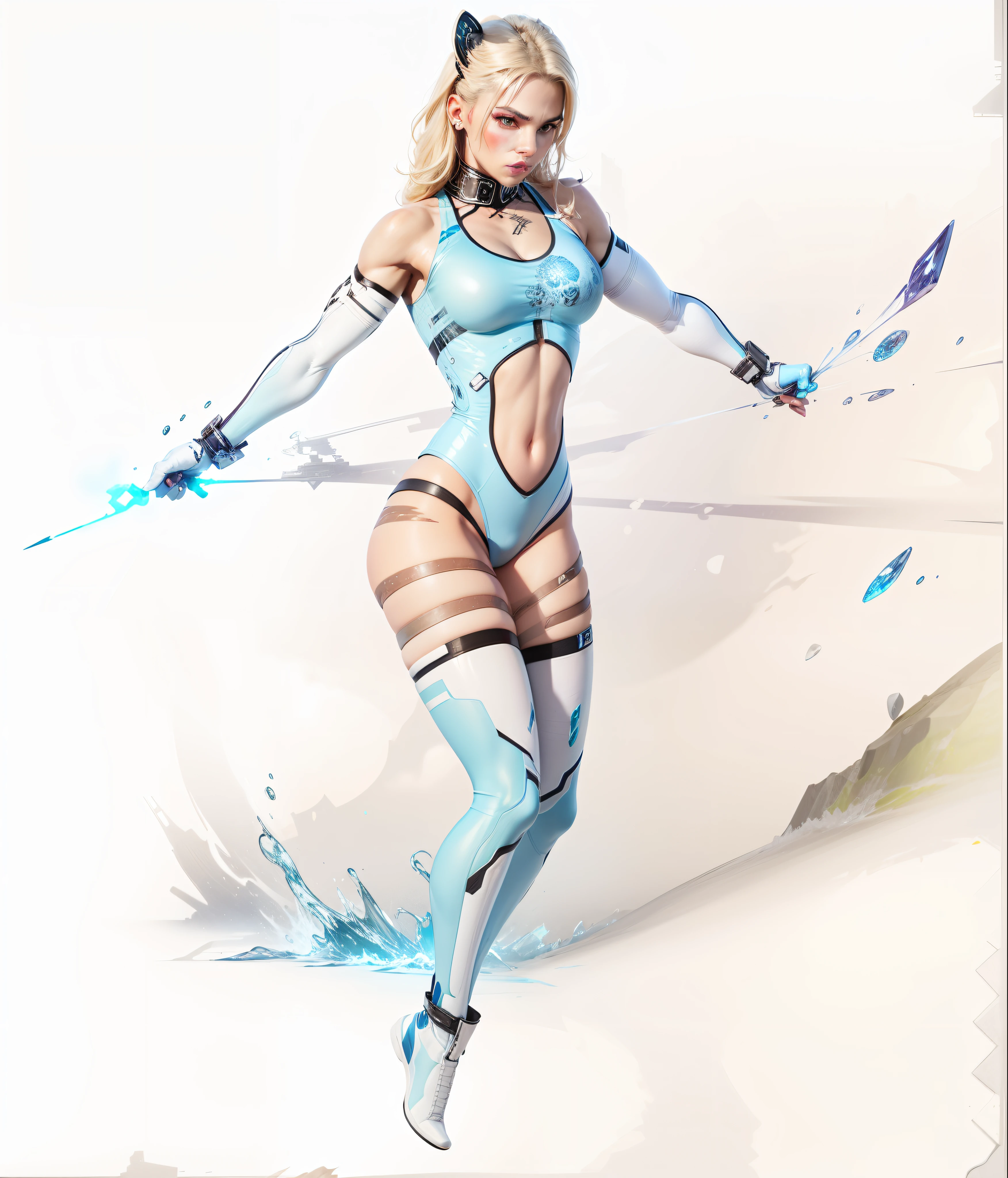 Heroine, futuristic blue outfit, tigress details [[From her hands comes a very bright blue magic]] 3D image, Full HD, 4K, ultra realistic, warrior, beautiful blonde, fitness body. --auto