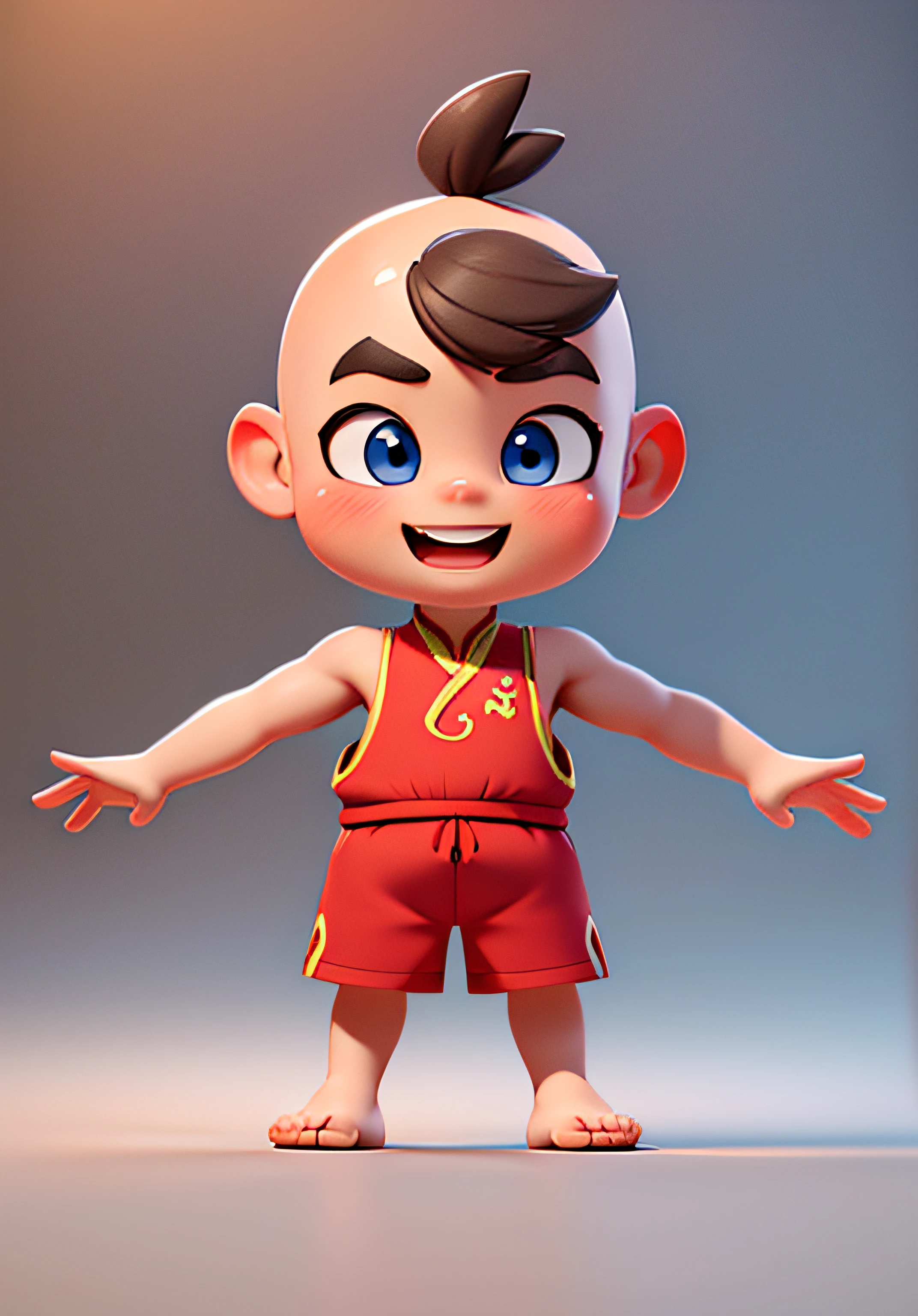 (Masterpiece: 1.3), (Best Quality: 1.3), (Masterpiece: 1.3), (Best Quality: 1.3), (8K: 1.5), (Ultra High Resolution), Full Body, (Bicephal: 2), (Natural Skin Texture), (Beautiful and Beautiful), (Very Detailed CG, Intricate Details), White Background, (White Background: 1.5), .pixar, 3D, C4D, blender, 1 Boy, Cute, Happy Face, Bald Head, Solo, (Chinese Style: 1.5), sleeveless, red shorts, red single belly pocket, bare feet, thin eyebrows, slightly chubby arms of children.