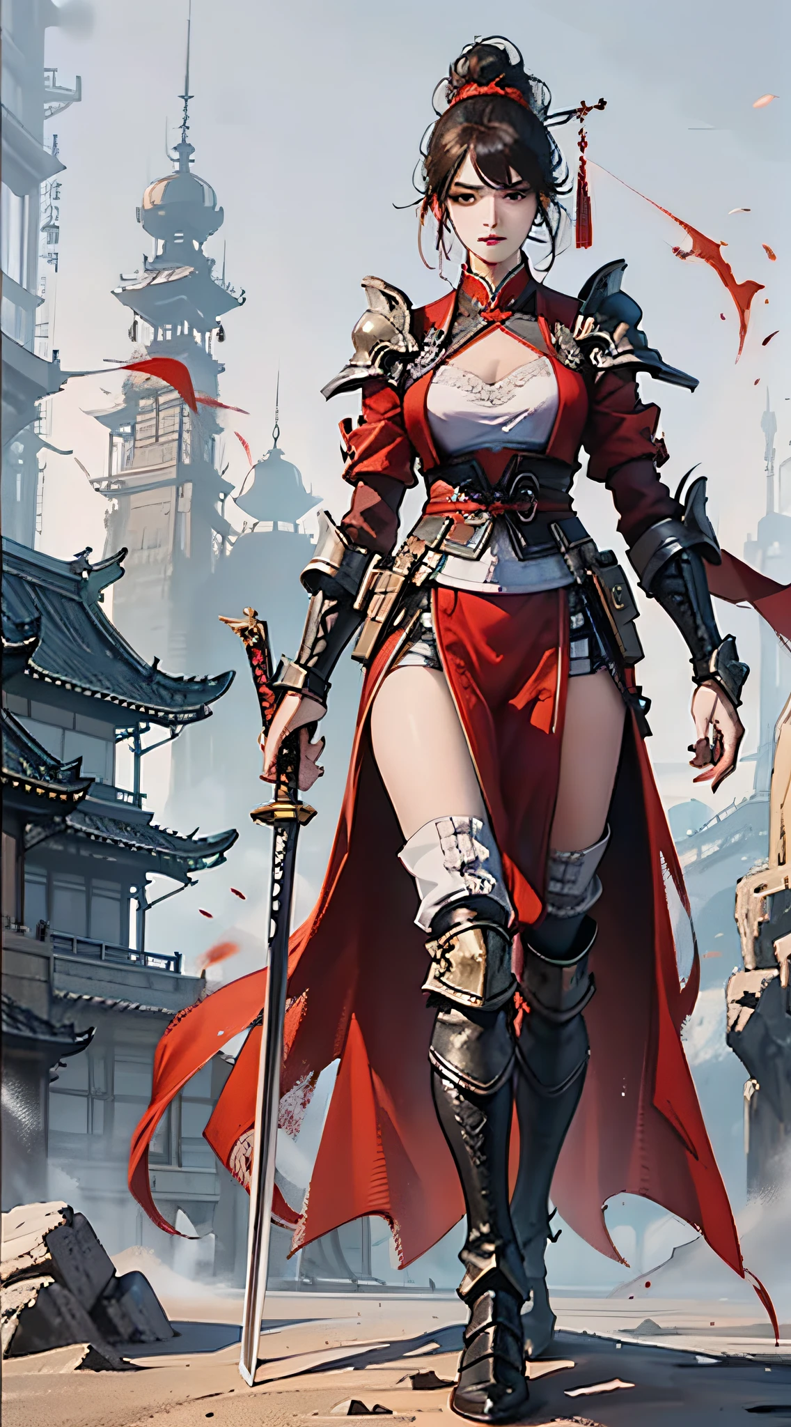 Chinese style, ancient battlefield, an ancient Chinese female general, holding a sword in her hand, grim expression, full body, amazing facial features, red robe, armor, boots, yellow sand in the sky, fleeing crowd, firelight, game model, stunning lighting, C4D, OC rendering, cinematic edge light, delicate light, masterpiece, super detailed, epic composition, super HD, high quality, highest quality, 32k