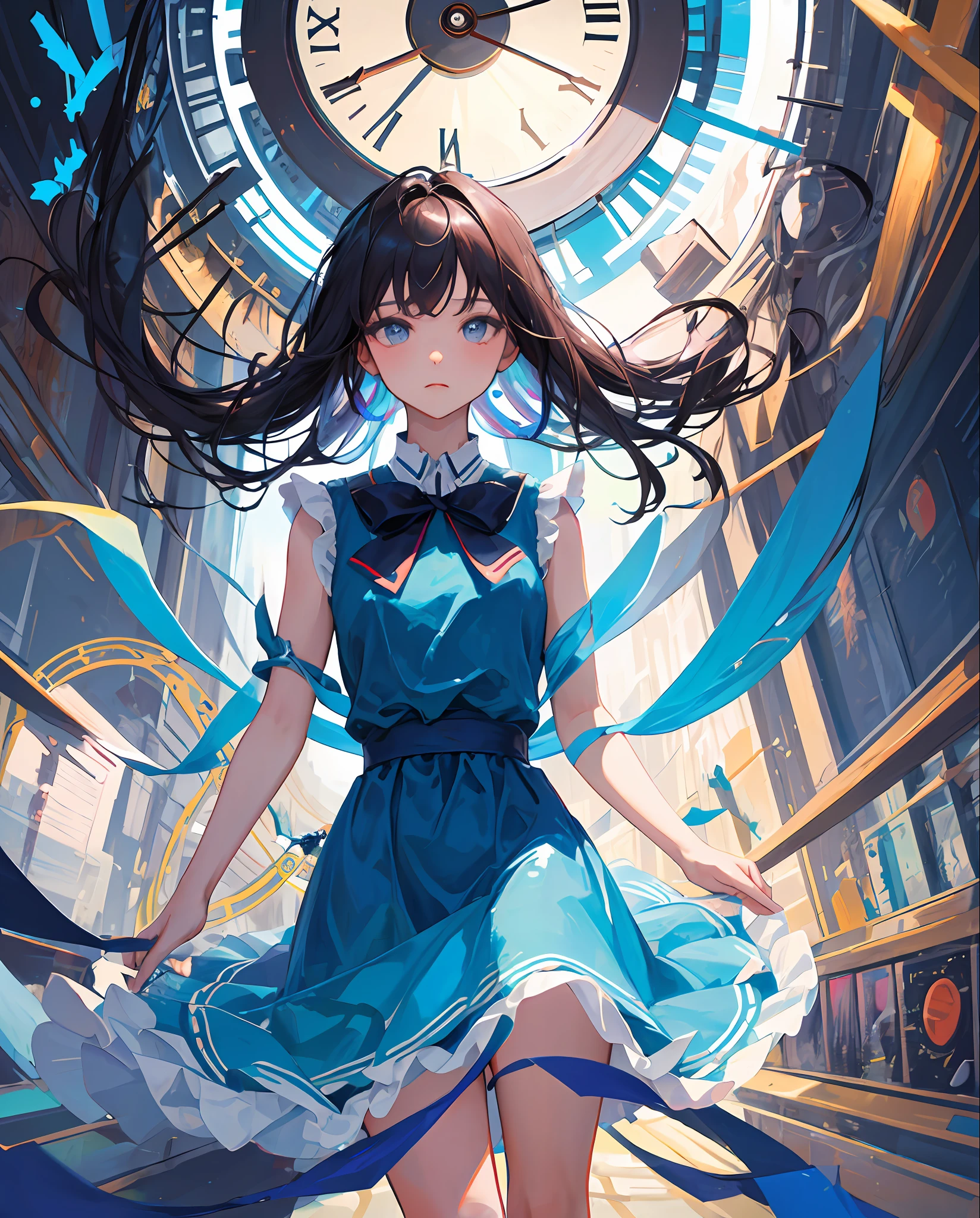 masterpiece, best quality, one girl, long hair, light blue long dress, blue ribbon,abstract background,clock