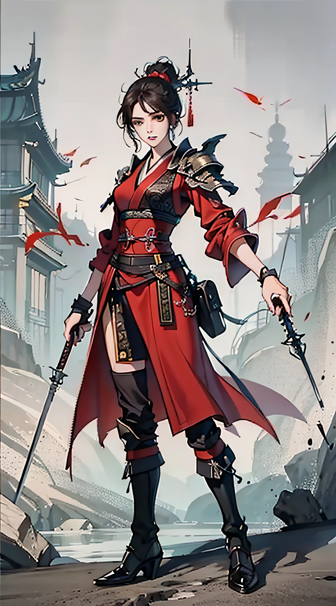 Chinese style, ancient battlefield, an ancient Chinese female general, holding a sword in her hand, grim expression, full body, amazing facial features, red robe, armor, boots, yellow sand in the sky, fleeing crowd, firelight, game model, stunning lighting, C4D, OC rendering, cinematic edge light, delicate light, masterpiece, super detailed, epic composition, super HD, high quality, highest quality, 32k