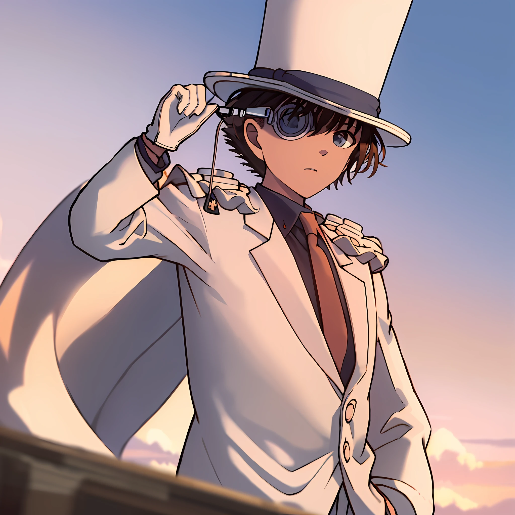 masterpiece, best quality, 1boy, solo, white suit, white cape, top hat, monocle, red necktie, blue shirt, white gloves, in the middle of the grassland, with a girl, 1girl, purple sunset sky, wide angle