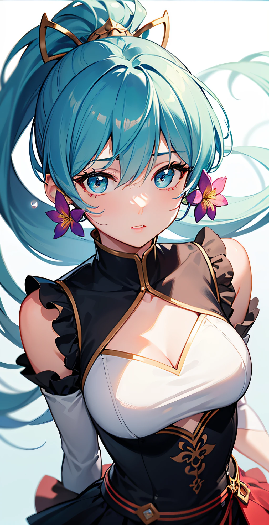 (masterpiece), (best quality), (ultra detailed),(disheveled hair),(illustration), (1girl), (Fashionable clothing), standing, Fashion model, looking at viewer, (interview), (simple background),beautiful detailed eyes, delicate beautiful face, Floating,(high saturation),(colorful splashes),colorful bubble,(shining), focus on face, ponytail, kamisato ayaka, light blue hair, bangs, hair ring, floating flowers, floating hairs, (shining), best lighting, best shadow,