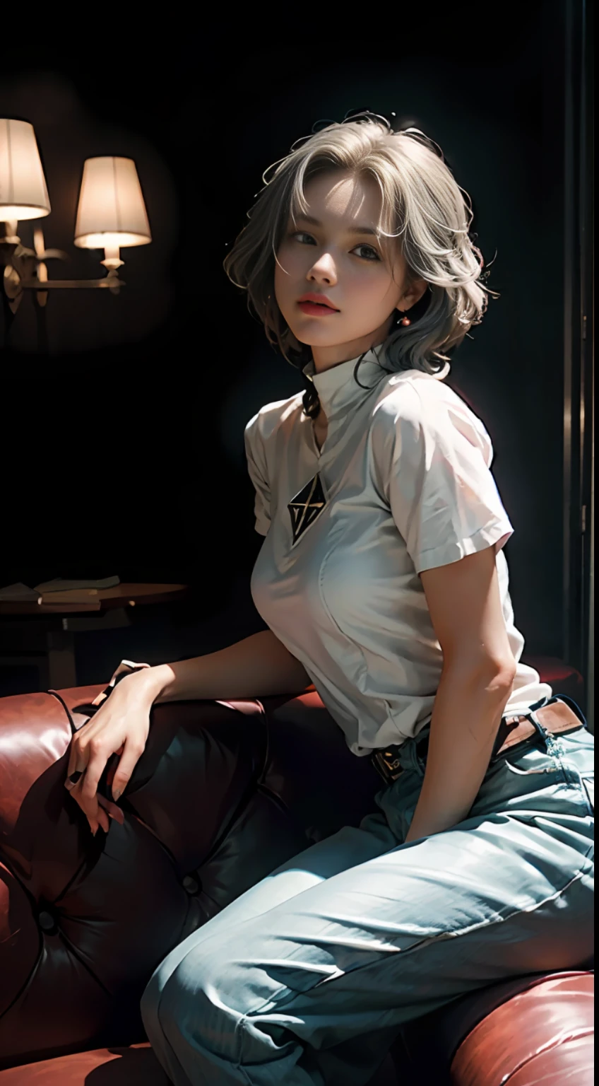 (Extreme Detail CG Unity 8K wallpaper, masterpiece, highest quality), (Exquisite lighting and shadow, highly dramatic picture, Cinematic lens effect), a girl in a white Spider-Man costume, silver-gray hair color, from the Spider-Man parallel universe, Wenger, sitting on the sofa, dynamic pose), (excellent detail, outstanding lighting, wide angle), (excellent rendering, enough to stand out in its class), with a focus on white mech costumes, complex heavenly textures