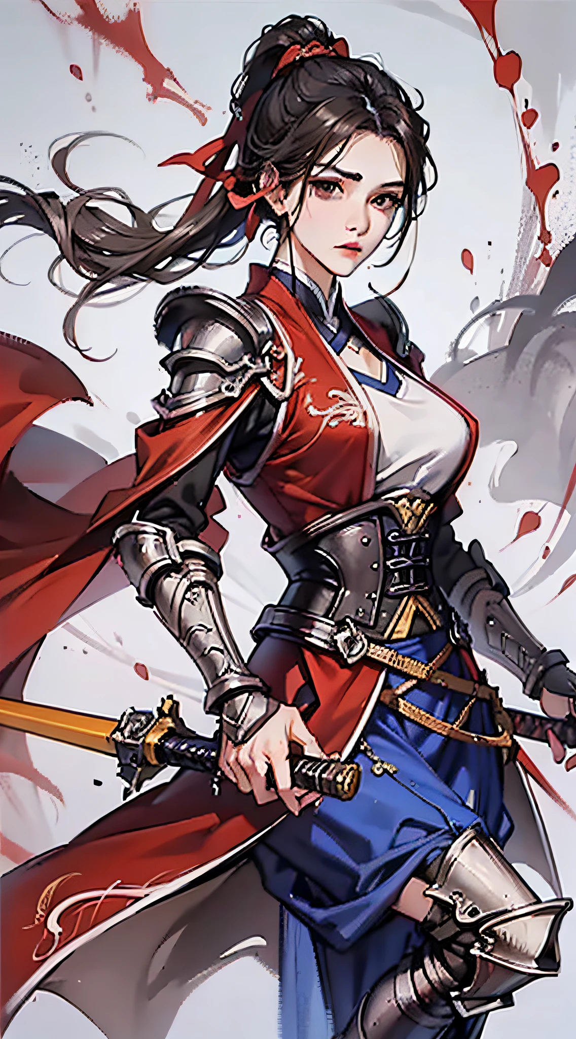 Chinese style, ancient battlefield, an ancient Chinese female general, holding a sword in her hand, grim expression, full body, amazing facial features, red robe, armor, boots, yellow sand in the sky, fleeing crowd, firelight, game model, stunning lighting, C4D, OC rendering, cinematic edge light, delicate light, masterpiece, super detailed, epic composition, super HD, high quality, highest quality, 32k