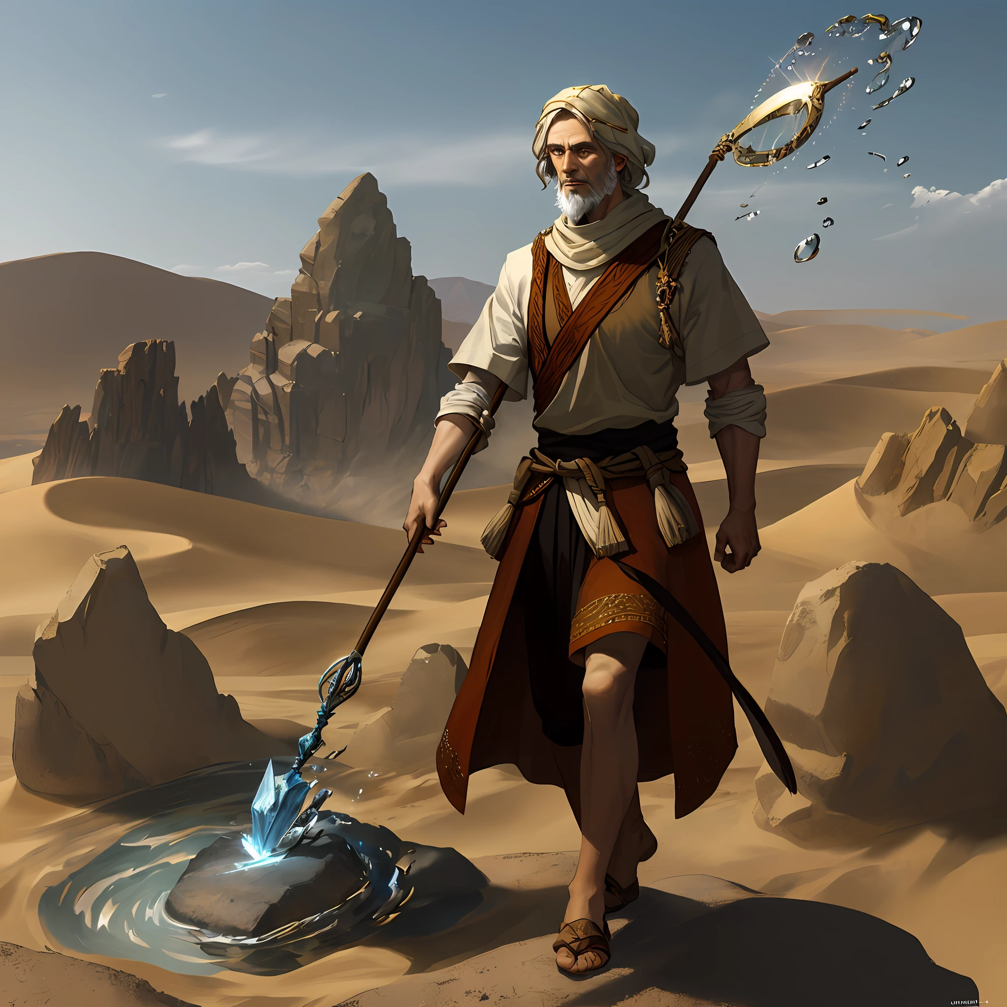 there is a man with a staff walking in the desert, desert fighter ancient mage, sorcerer of sand, concept art of a monk, djinn human hybrid, portrait of bedouin d&d, stormlight archive, painted as a game concept art, skinny male fantasy alchemist, concept art digital illustration, rpg concept art character, epic fantasy character art