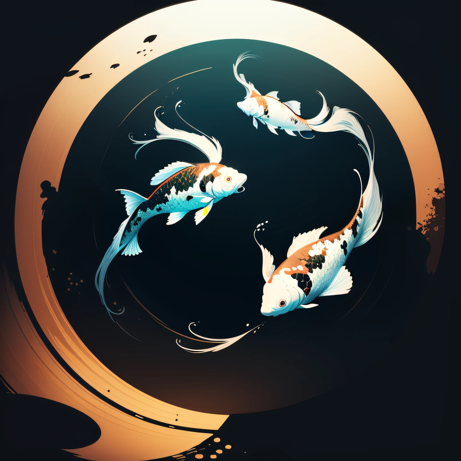 logo, vector style, black background, 2 white koi fish, one large and one small, swimming in a circular moonlit pond, flat 2D