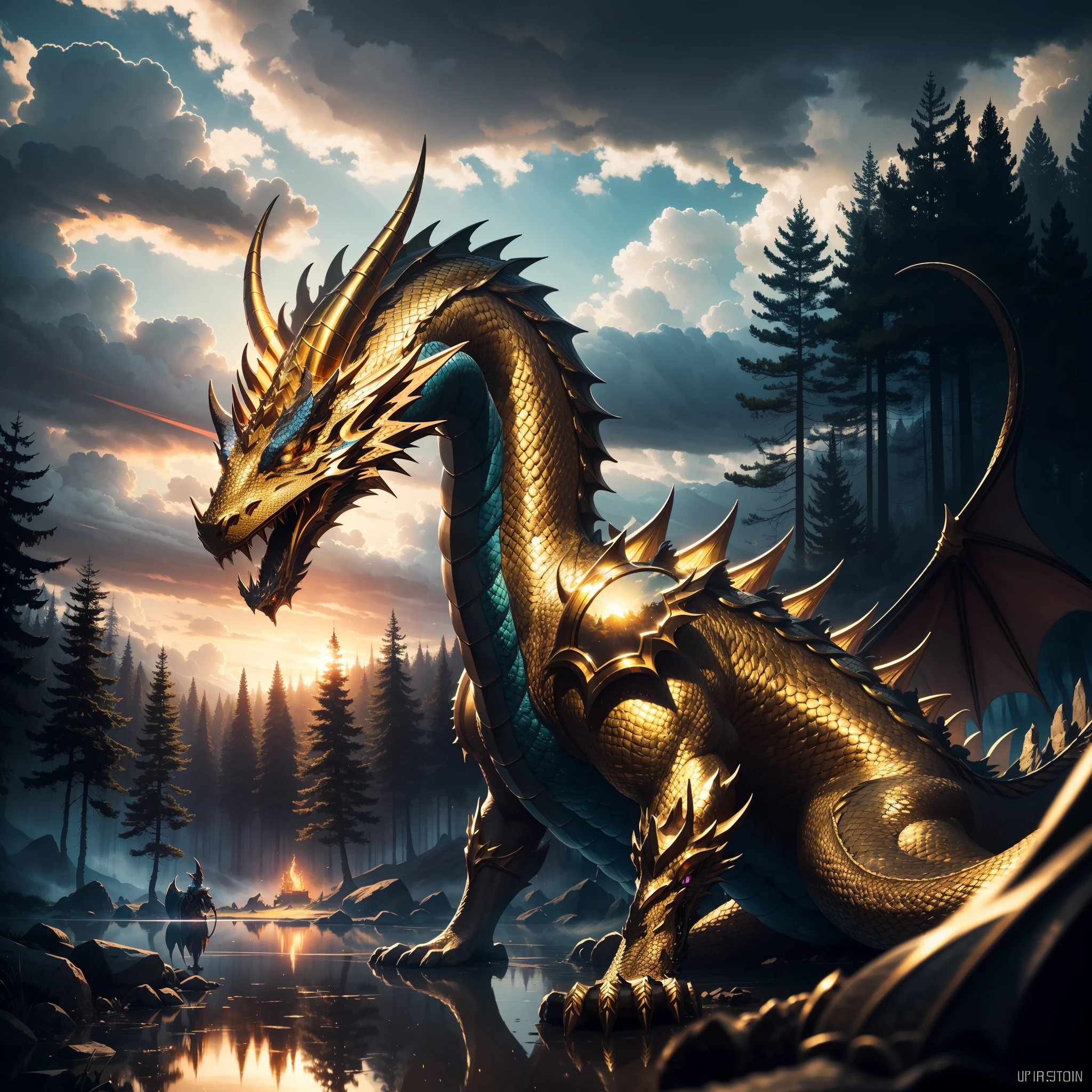 gold dragon, old, (intense details, dnd art, masterpiece), intense blue eyes, small horns, near a fantasy castle and forest, backlight, clouds, in the background, serious, realism, high detail, depth of field, cinematic lighting, reflection light, drop shadow, atmospheric perspective, Op art, UHD, masterpiece, high quality, high detail