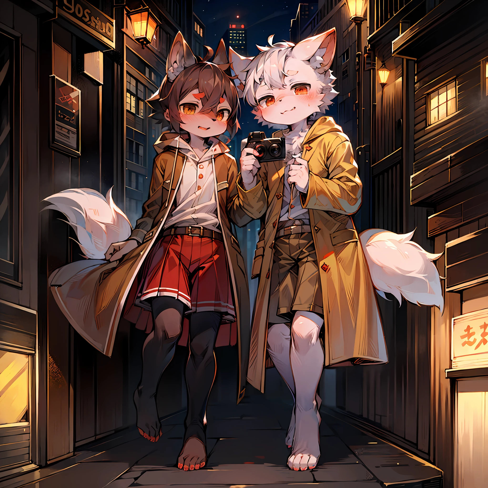 Author: Syuro, Author: Dagasi, Author: Wolfwithwing, Author: Hanuvo, Author: Tabhead, Author: Zinfyu, Author: Seraziel, (Author: Dagasi: 1.1), Masterpiece, High Resolution, 8K, Detailed Background, High Quality, Dog, Male, Gray Fur, Dog Ears, Furry Dog Tail, Full Body Hair, Wearing Modern Clothing, Beige Coat, City, Camera in Hand, Daytime, Cute boy, single