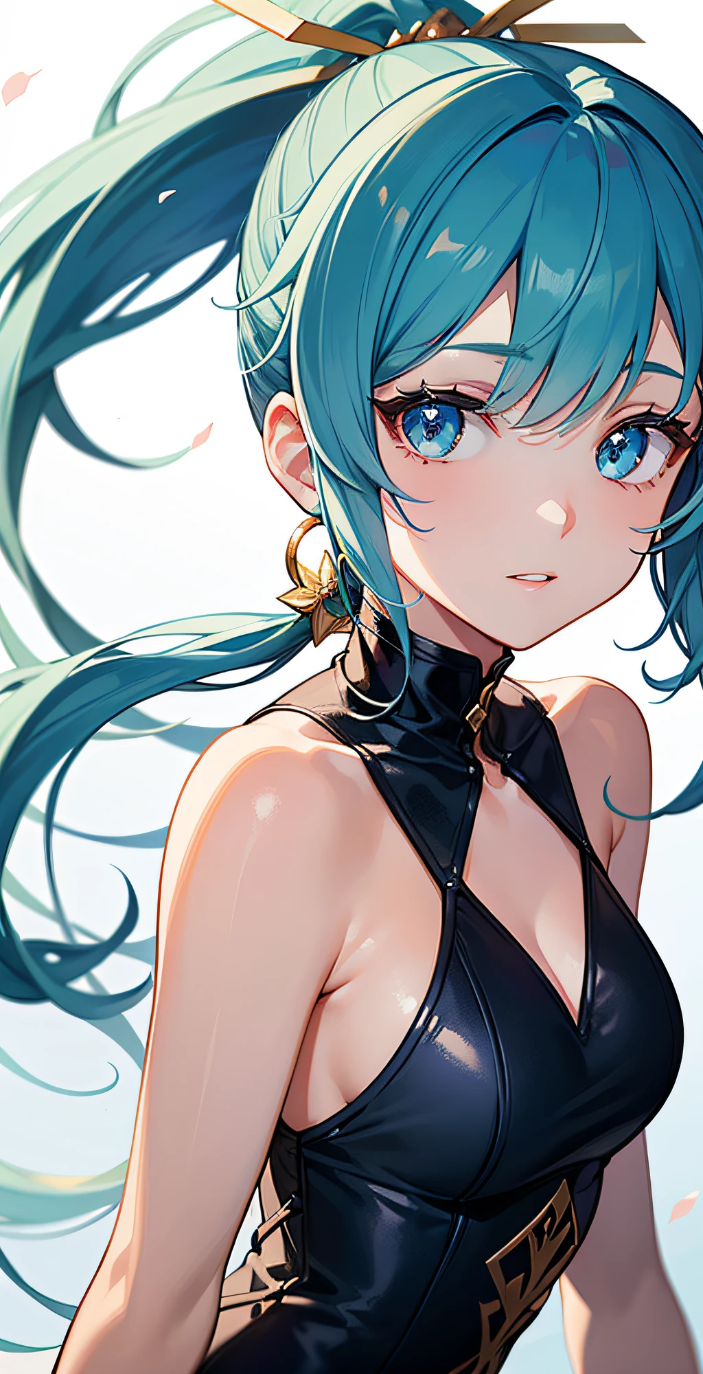 (masterpiece), (best quality), (ultra detailed),(disheveled hair),(illustration), (1girl), (Fashionable clothing), standing, Fashion model, looking at viewer, (interview), (simple background),beautiful detailed eyes, delicate beautiful face, Floating,(high saturation),(colorful splashes),colorful bubble,(shining), focus on face, ponytail, kamisato ayaka, light blue hair, bangs, hair ring, floating flowers, floating hairs, (shining), best lighting, best shadow,