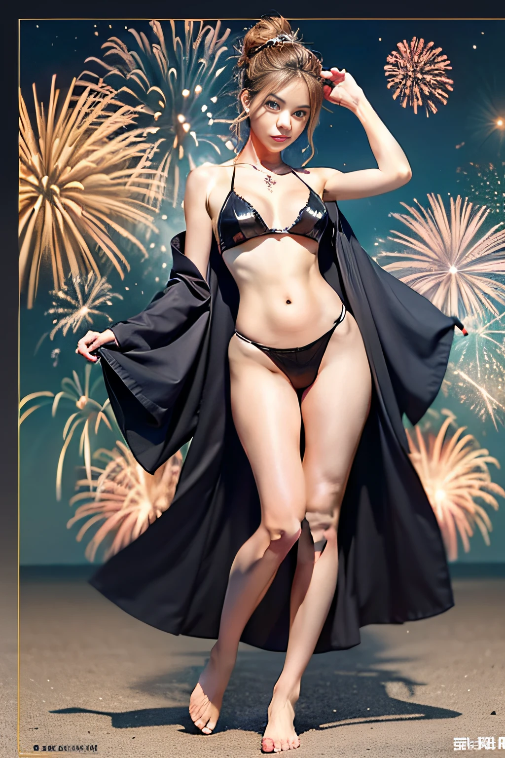 Woman in kimono with fireworks background, shiny princess cut, sea ground, Full body shot, 19 year old girl, Amazingly beautiful face, Midnight, Full body portrait, (masterpiece), Real, Girl, 20 years old, Amazingly beautiful face, (RAW photo:1. 1), beautiful teenager, (full body, middle chest, hands, feet), (((head to thigh))), legs visible, fantastic forest, rising sun, cinematic light , (glossy skin), ((oiled skin)), naughty cartoonish girl, no clothes on the back, exposed, open legs, serious, smile, neat, cute, beautiful eyes wide open, ((see the beholder))), shiny gray hair, perfect anatomy, very cute, (black eyes), center image, stylization, 8k resolution, lovely, elegant, Almost perfect, dynamic, high contrast, high detail, smooth, body arranged symmetrically, amazing hairstyle