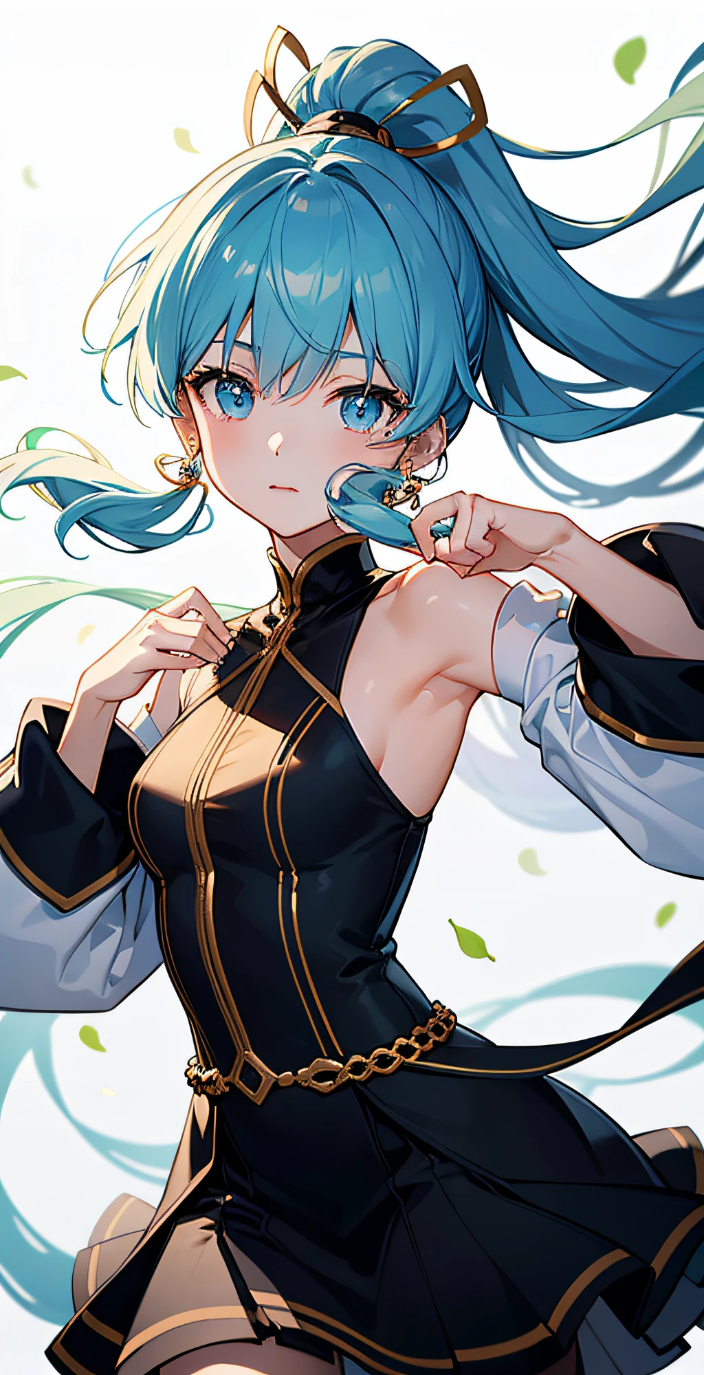 (masterpiece), (best quality), (ultra detailed),(disheveled hair),(illustration), (1girl), (Fashionable clothing), standing, Fashion model, looking at viewer, (interview), (simple background),beautiful detailed eyes, delicate beautiful face, Floating,(high saturation),(colorful splashes),colorful bubble,(shining), focus on face, ponytail, kamisato ayaka, light blue hair, bangs, hair ring, floating flowers, floating hairs, (shining), best lighting, best shadow,