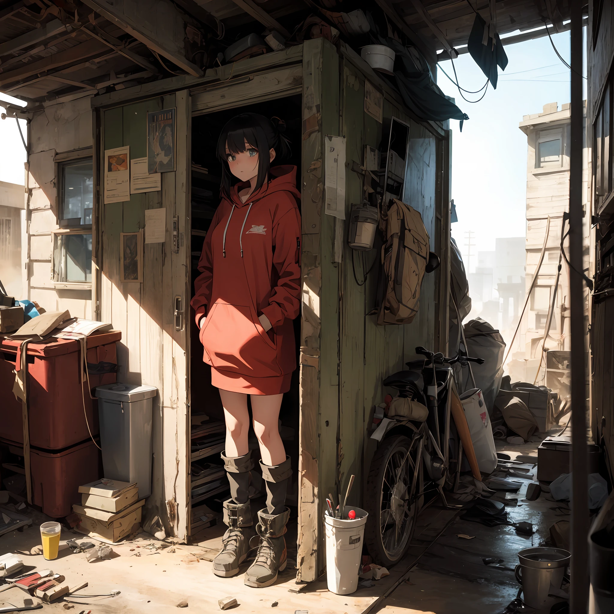 1::Red hooded woman, in her makeshift hideout in a post-apocalyptic world, Mad max style, mazer runner, futuristic, anime style --auto