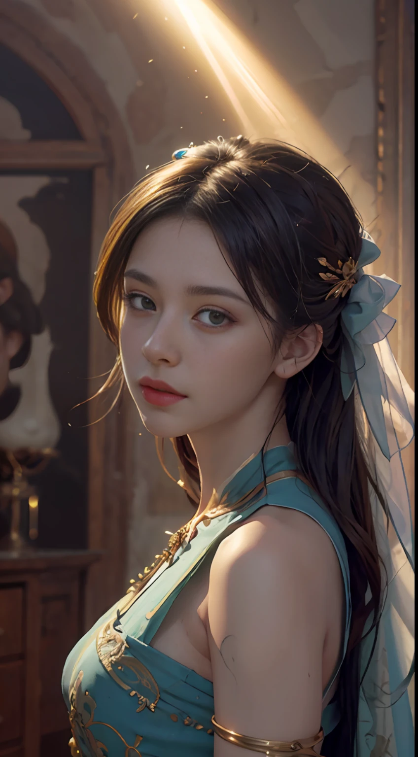 (RAW photo, best quality), (realistic, photo-realistic:1.3),best quality,highly detailed,masterpiece,ultra-detailed,illustration,1girl,upper_body,dynamic angle,world masterpiece theater,messy_long_hair,best quality,extremely detailed CG unity 8k wallpaper,ink,Amazing,cinematic lighting,lens_flare,,dunhuang_style