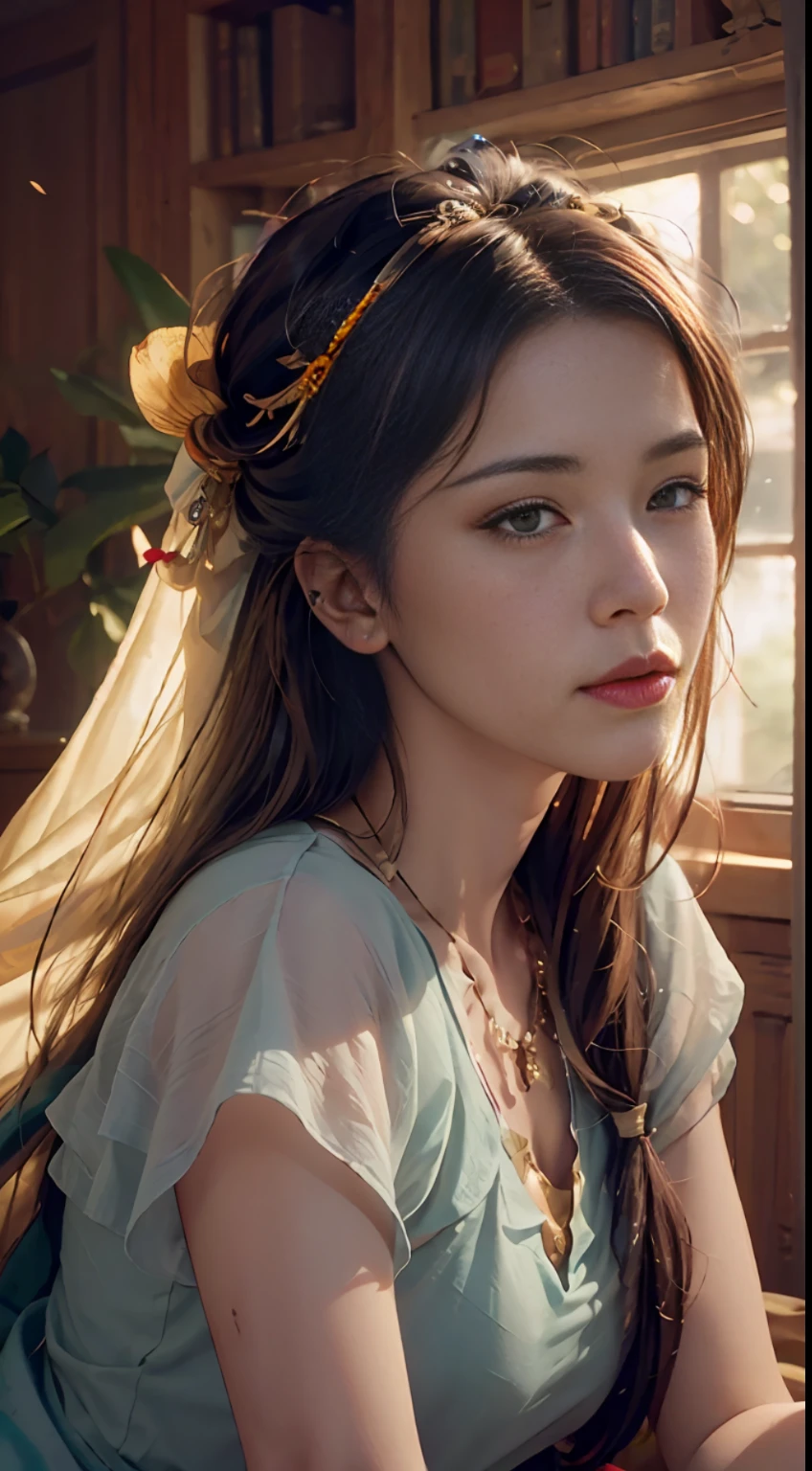 (RAW photo, best quality), (realistic, photo-realistic:1.3),best quality,highly detailed,masterpiece,ultra-detailed,illustration,1girl,upper_body,dynamic angle,world masterpiece theater,messy_long_hair,best quality,extremely detailed CG unity 8k wallpaper,ink,Amazing,cinematic lighting,lens_flare,,dunhuang_style