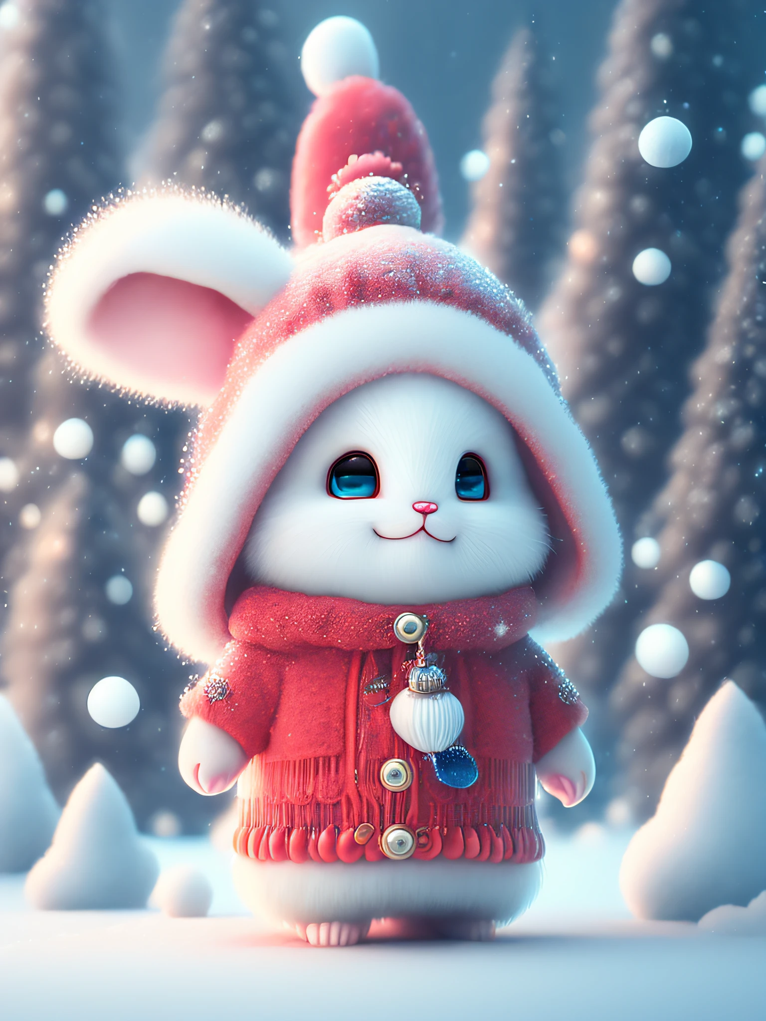 A winter full of regrets, drifting snow, super cute Pixar style little white rabbit, sparkling snow white fluffy, bright big eyes, furry tail, wearing a red sweater, wearing a red hat, smiling, sophisticated, fairytale, incredibly high detail, Pixar style, bubbles, bright colors, natural light, simple background in solid colors, cinema lens, 5 and octane rendering, artstation trend, gorgeous, ultra wide angle, 8k, HD realistic, 8k HD, mobile phone pictures, v 4 q 2 2