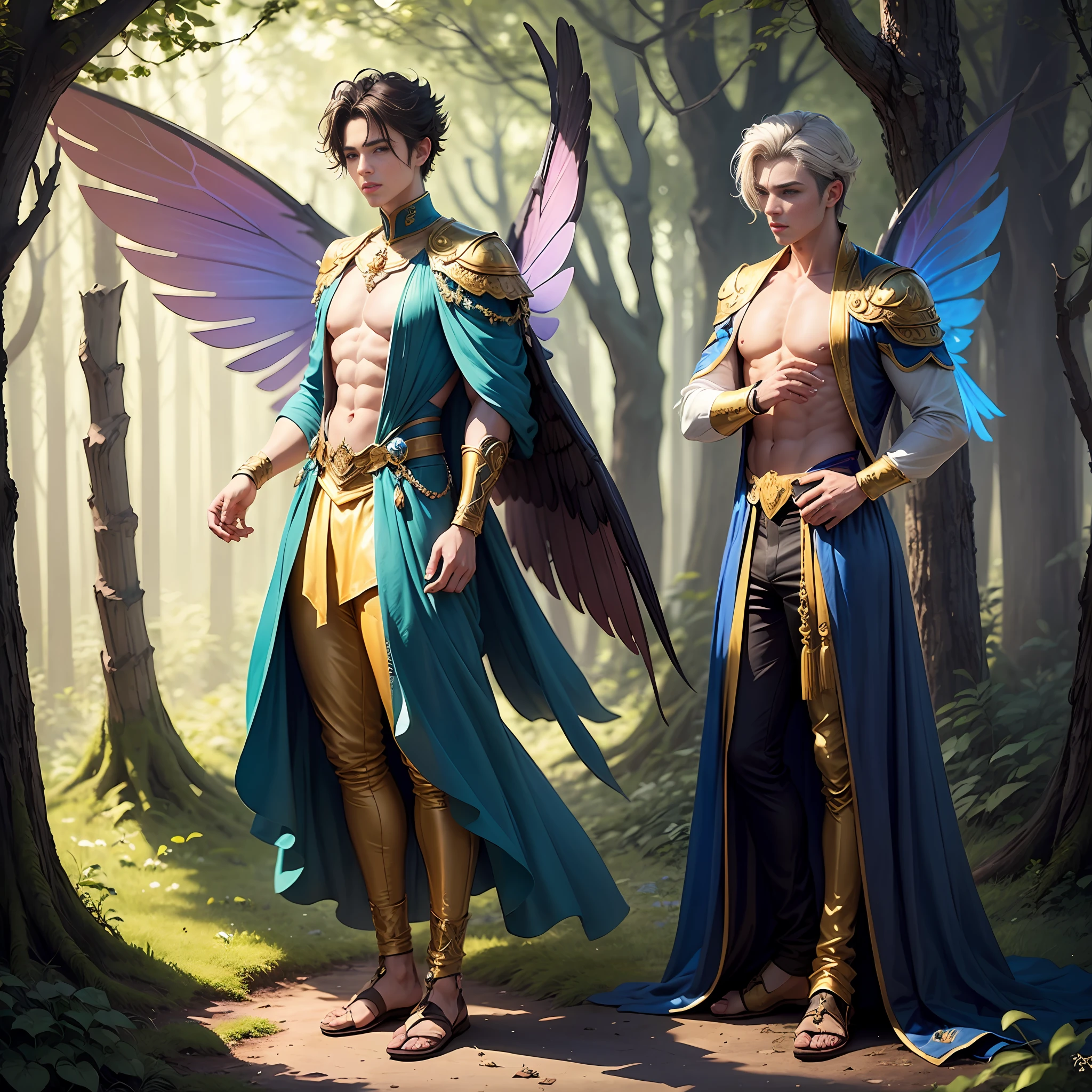 Cute male fairy with blue and gold details, large wings, full body, forest in the background, soft, delicate, symmetrical colors, male face, masterpiece, full body --auto