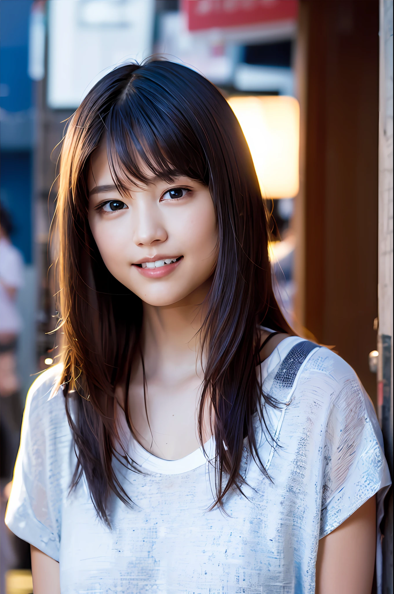 (8k, RAW photo, best quality, masterpiece: 1.2), (realistic, photorealistic: 1.37), ultra detailed, ultra high resolution, girl single, beholder, beautiful detailed face, smile, teeth, (feather cut: 0.6), t-shirt, panties, professional lighting, detailed room, outdoor, brown hair, long hair