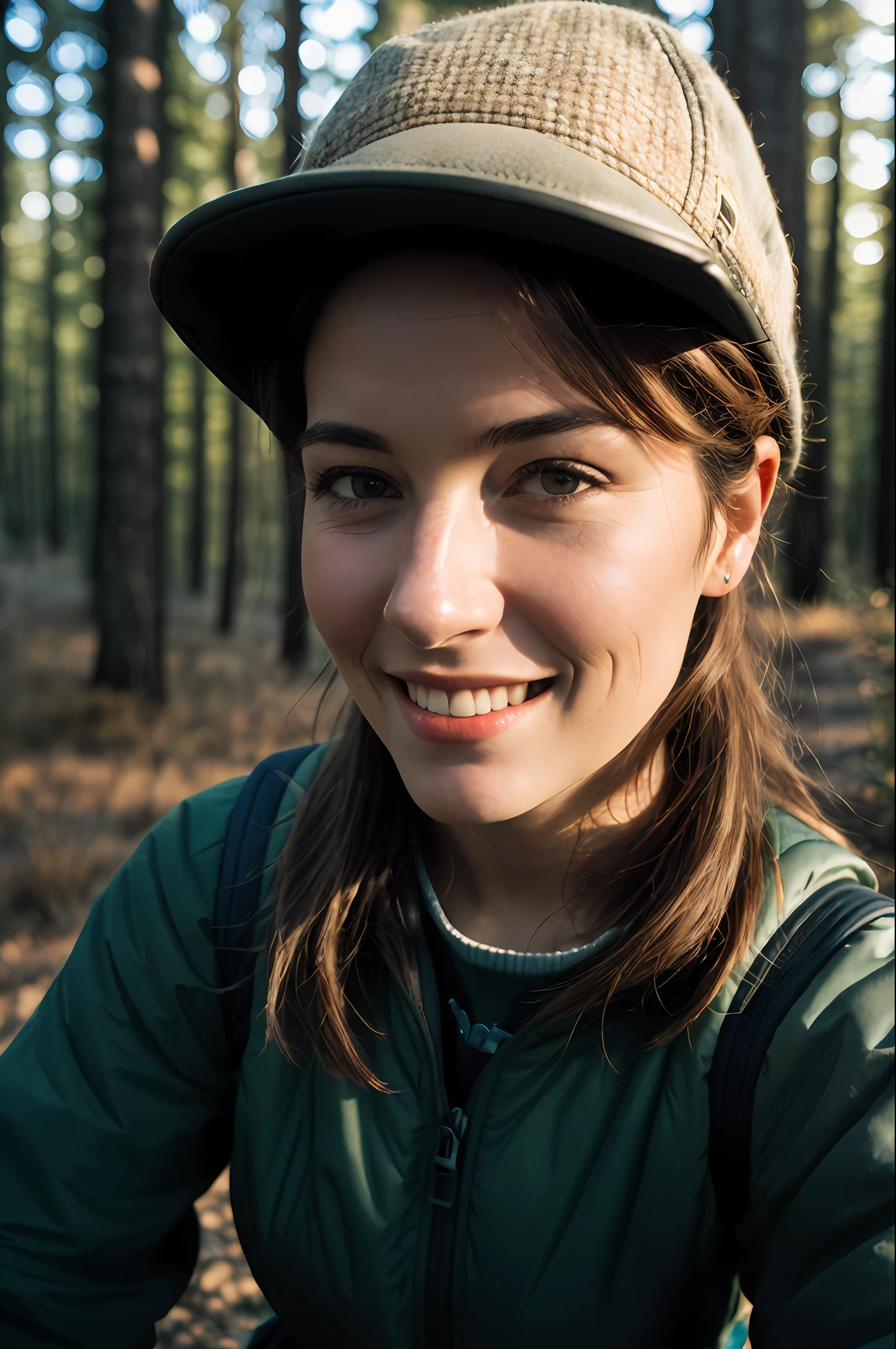 1 woman((upper body selfie, happy)), masterpiece, best quality, ultra-detailed, solo, outdoors, (night), mountains, nature, (stars, moon) cheerful, happy, smile, backpack, sleeping bag, camping stove, water bottle, mountain boots, gloves, sweater, hat, flashlight, forest, rocks, river, wood, smoke, shadows, contrast, clear sky,
analog style (look at viewer:1.2) (skin texture)
(film grain:1.3), (warm hue, warm tone)