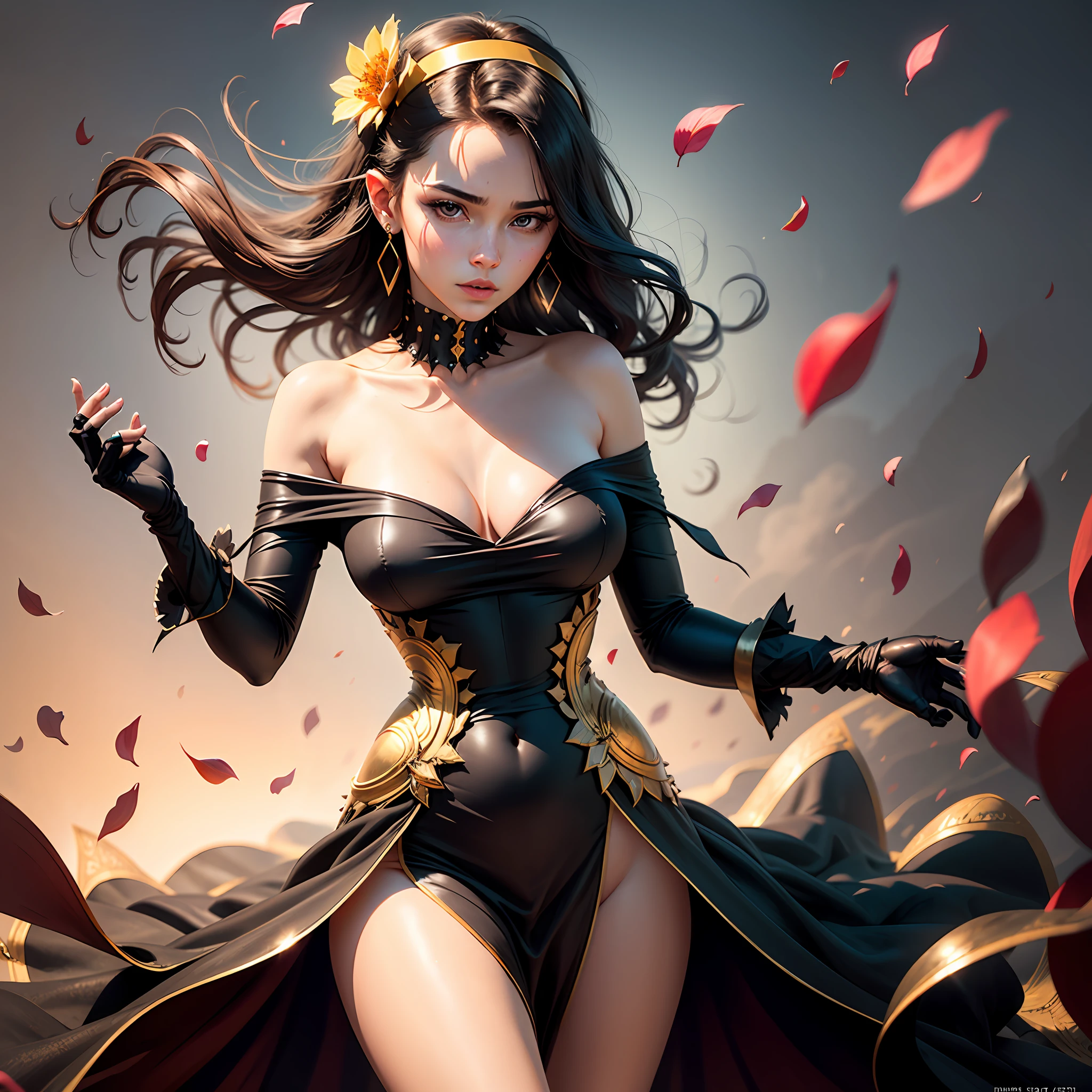 yor briar, (photorealistic), beautiful girl,
backlighting, bare shoulders, black background, black dress, black gloves, black hair, breasts, closed mouth, cowboy shot, dress, earrings, expressionless, fingerless gloves, floating hair, gloves, gold earrings, gold hairband, hair flower, hair ornament, hairband, jewelry, large breasts, light particles, long hair, looking at viewer, off-shoulder dress, off shoulder, petals, red eyes, short hair with long locks, sidelocks, solo, spikes, thighs, two-sided dress, two-sided fabric
, ((masterpiece)) --auto