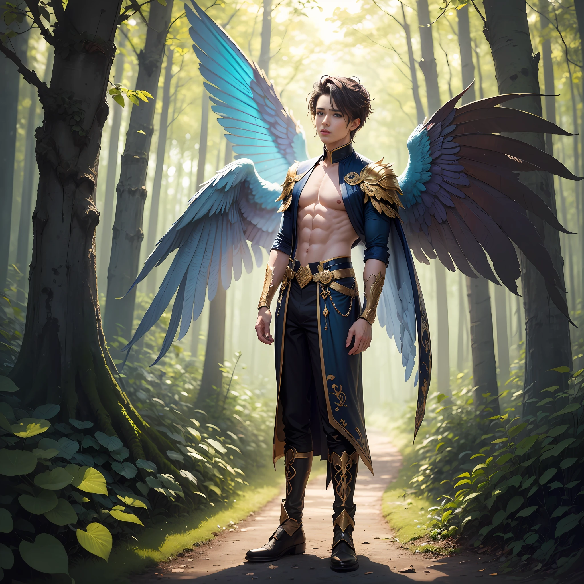 Cute male fairy with blue and gold details, large wings, full body, forest in the background, soft, delicate, symmetrical colors, male face, masterpiece, full body --auto