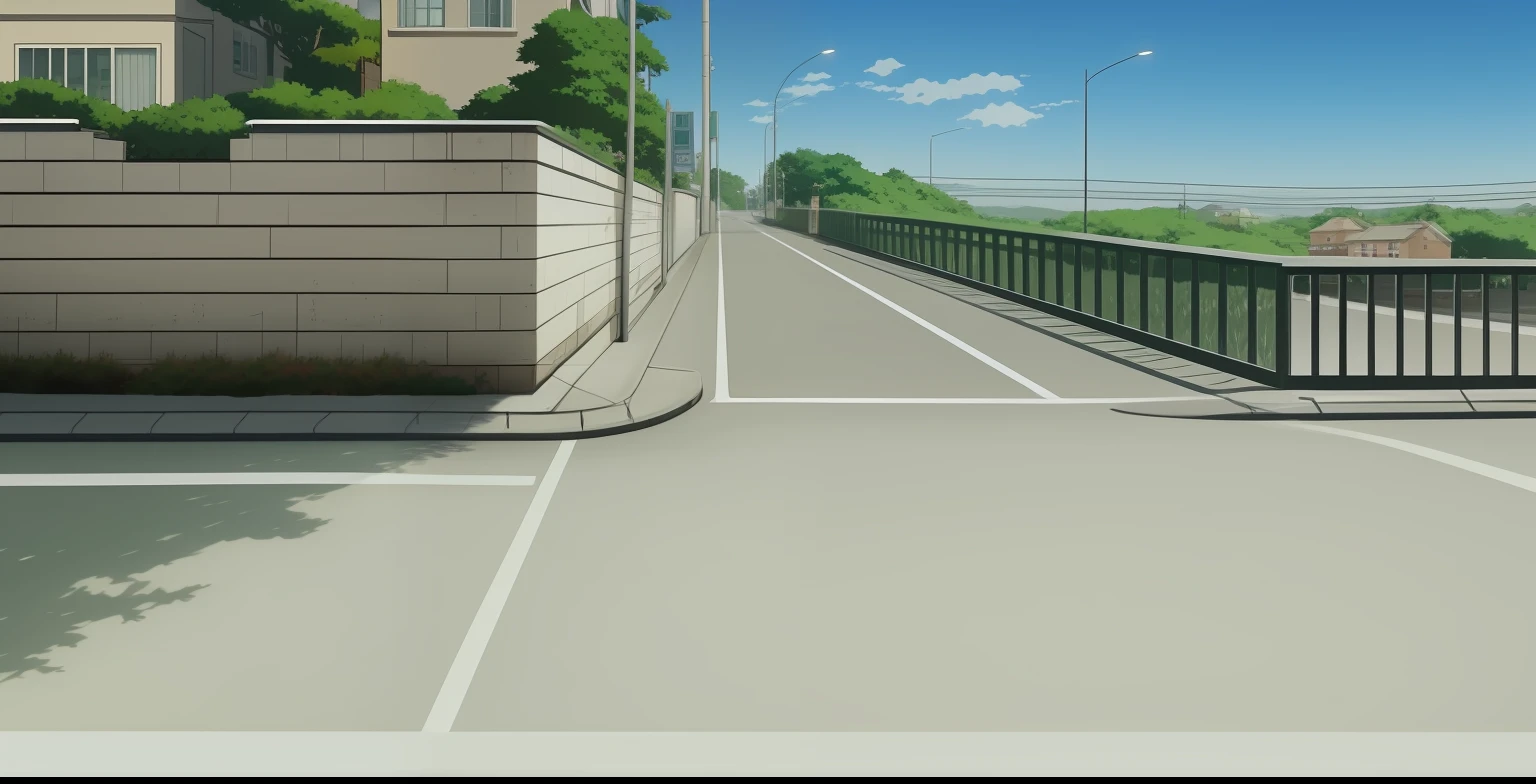 anime scene of a street with a fence and a building, street background, anime background art, anime background, volley court background, city street view background, anime scenery, anime style cityscape, detailed scenery —width 672, anime movie background, [[empty warehouse]] background, town background, anime countryside landscape, from yowamushi pedal, anime landscape