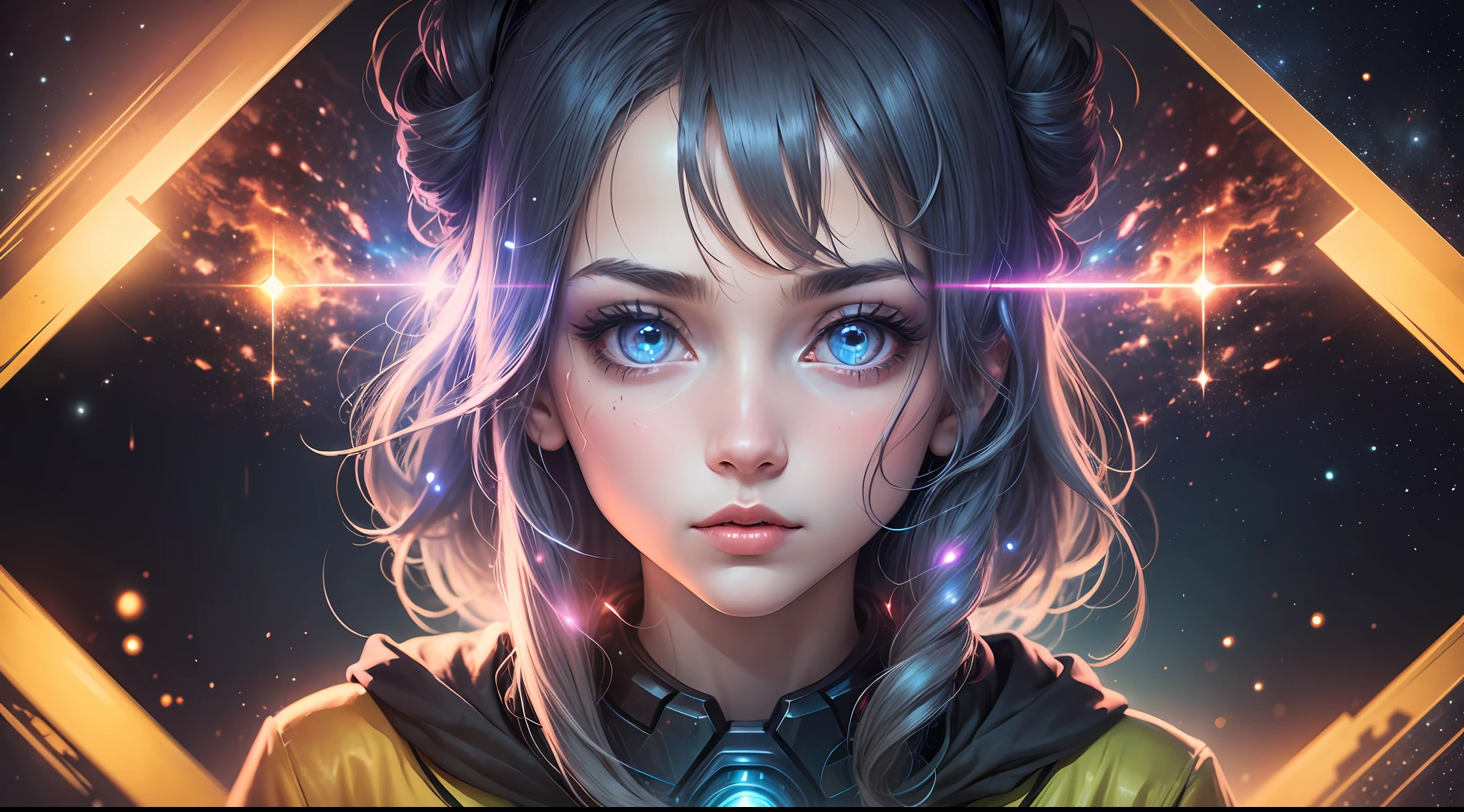 girl,radioactive glow,abstract art,character focus,eyes with reflection,starry sky,galaxies