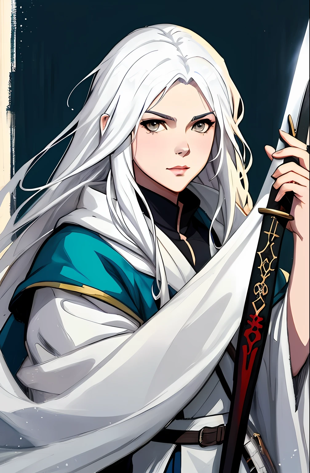 a close up of a person with white hair and a sword, white haired deity, with white long hair, with long white hair, artwork in the style of guweiz, white haired, guweiz, handsome guy in demon slayer art, beautiful character painting, by Yang J, white-haired, guweiz on pixiv artstation, anime character
