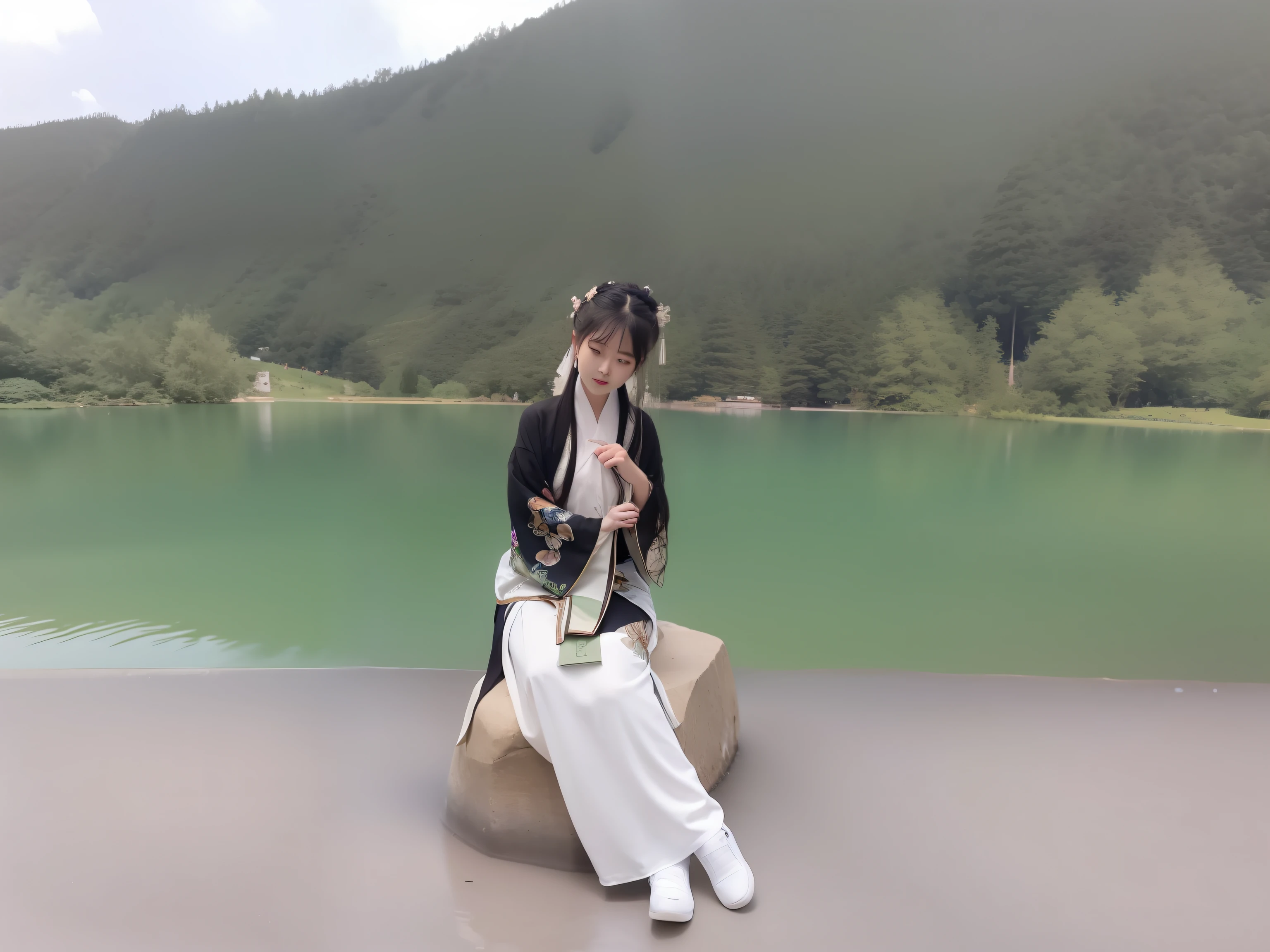 there is a woman sitting on a rock near a lake, inspired by Ma Yuanyu, lake in the background, xintong chen, with mountains in the background, 8k)), 奈良美智, with acient chinese clothes, white hanfu, profile picture 1024px, sitting in front of a lake