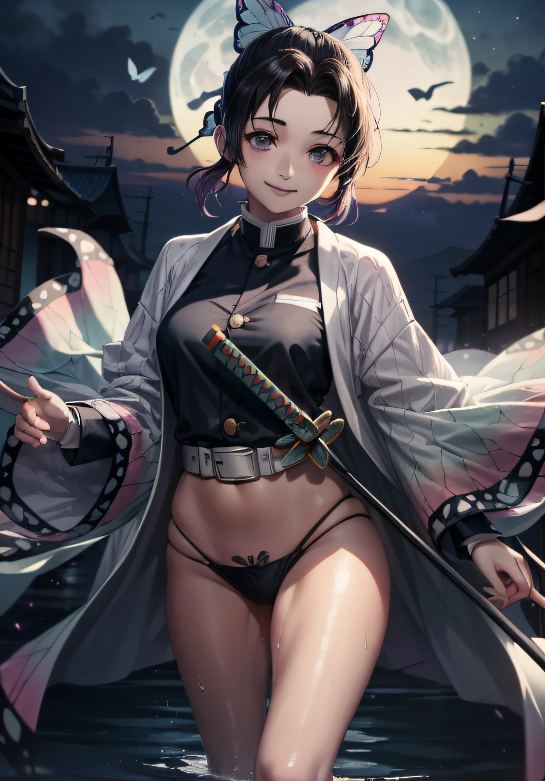 (Representative work: 1.2), (Best quality: 1.2), Solo, One girl, Shinobu little butterfly, happy smile, (White shirt: 1.4), On face, Realistic eyes, Lilac eyes, Wet face, Black hair, Legs spread, (Loincloth: 1.2), Clear erection nipple silhouette, Taisho era