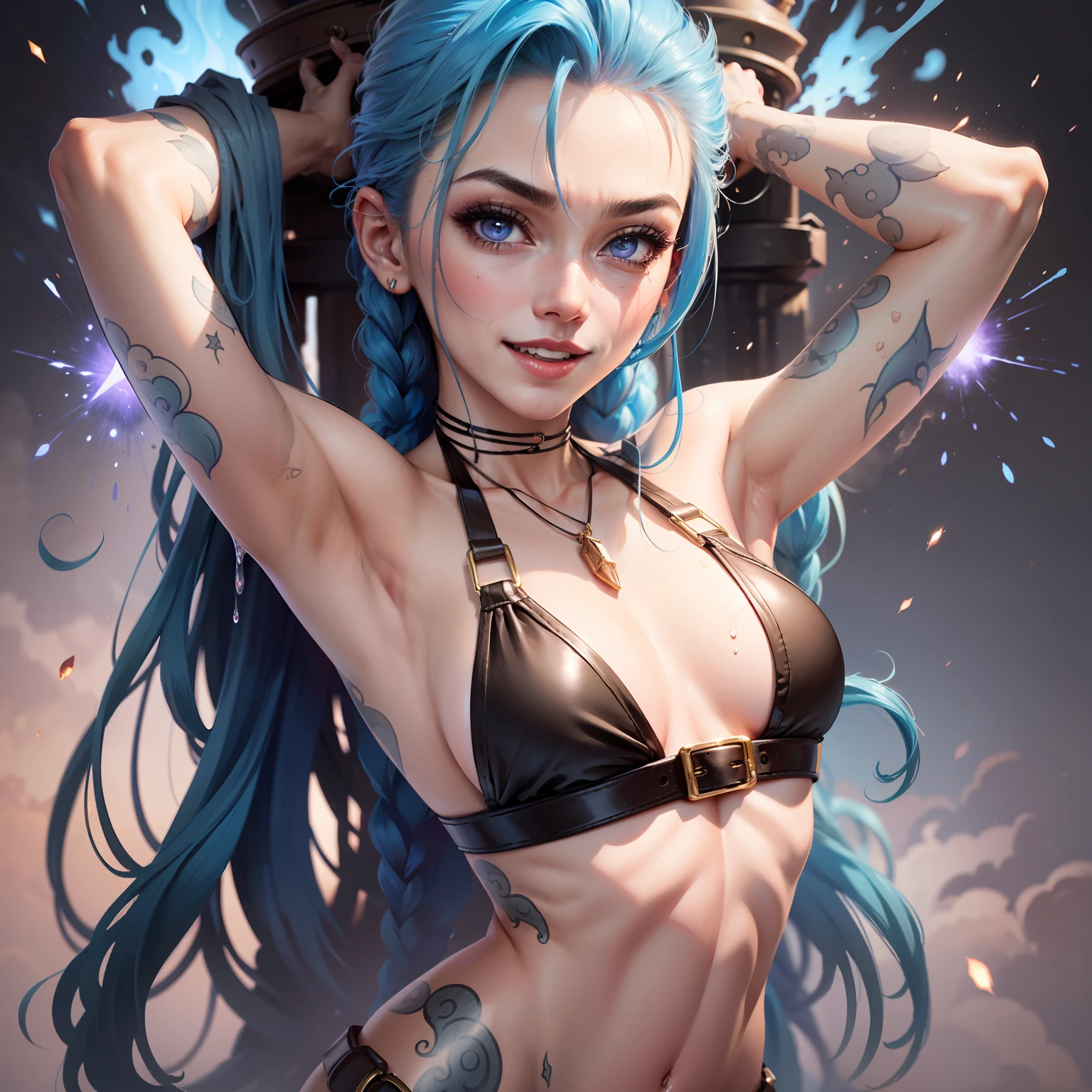 Jinx, lol, happy, in black bikini, looking at the viewer, moist body, big explosion in the background, sensuality in the body, small chest, tight bikini, purple iris, provocative