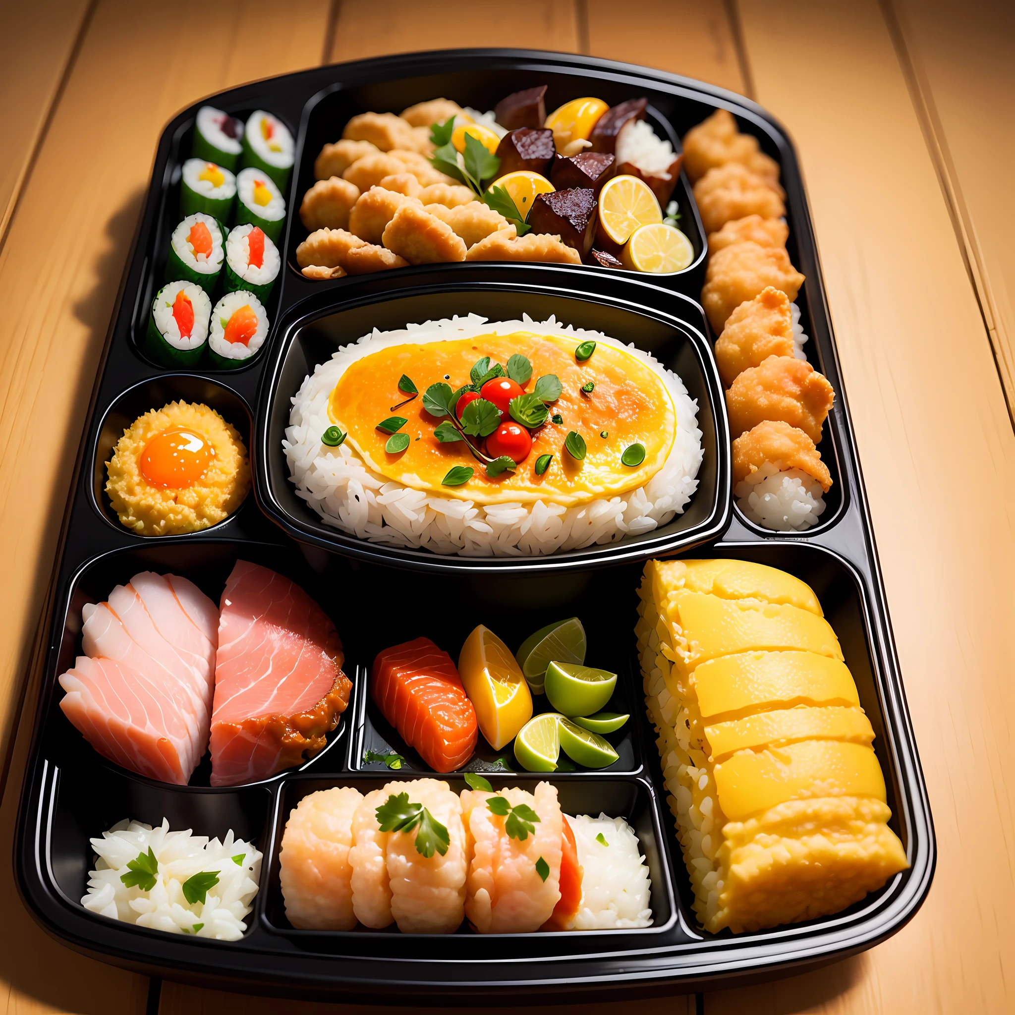 ((best quality)), ((masterpiece)), (detailed), ultra detailed,
no_humans, food_focus, food, rice, shrimp, yellow_background, fish, bento, still_life, tempura, omelet, sushi, vegetable, meat