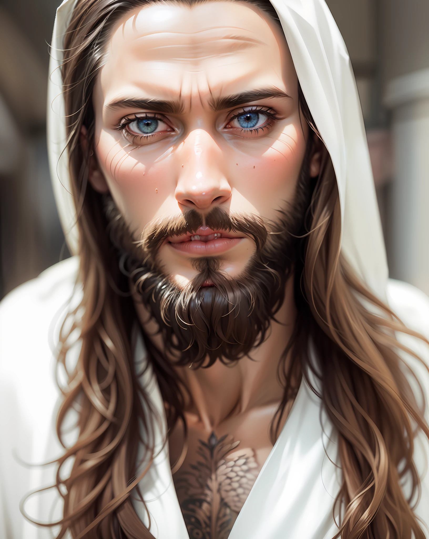 Jesus Christ, (symmetry), centered, half body, no head cut, looking at the camera, a sad expression, a very thin white man, jesus, with long hair and a beard, jesus of nazareth, gigachad jesus, jesus, wearing long white robe, 35mm, natural skin, jesus christ, clothing detail, 8k texture, 8k, insane detail, intricate detail, highly detailed hyperdetail, realistic, cinematic soft light, HDR, sharp focus, ((((cinematic look) ))) , intricate, elegant, highly detailed