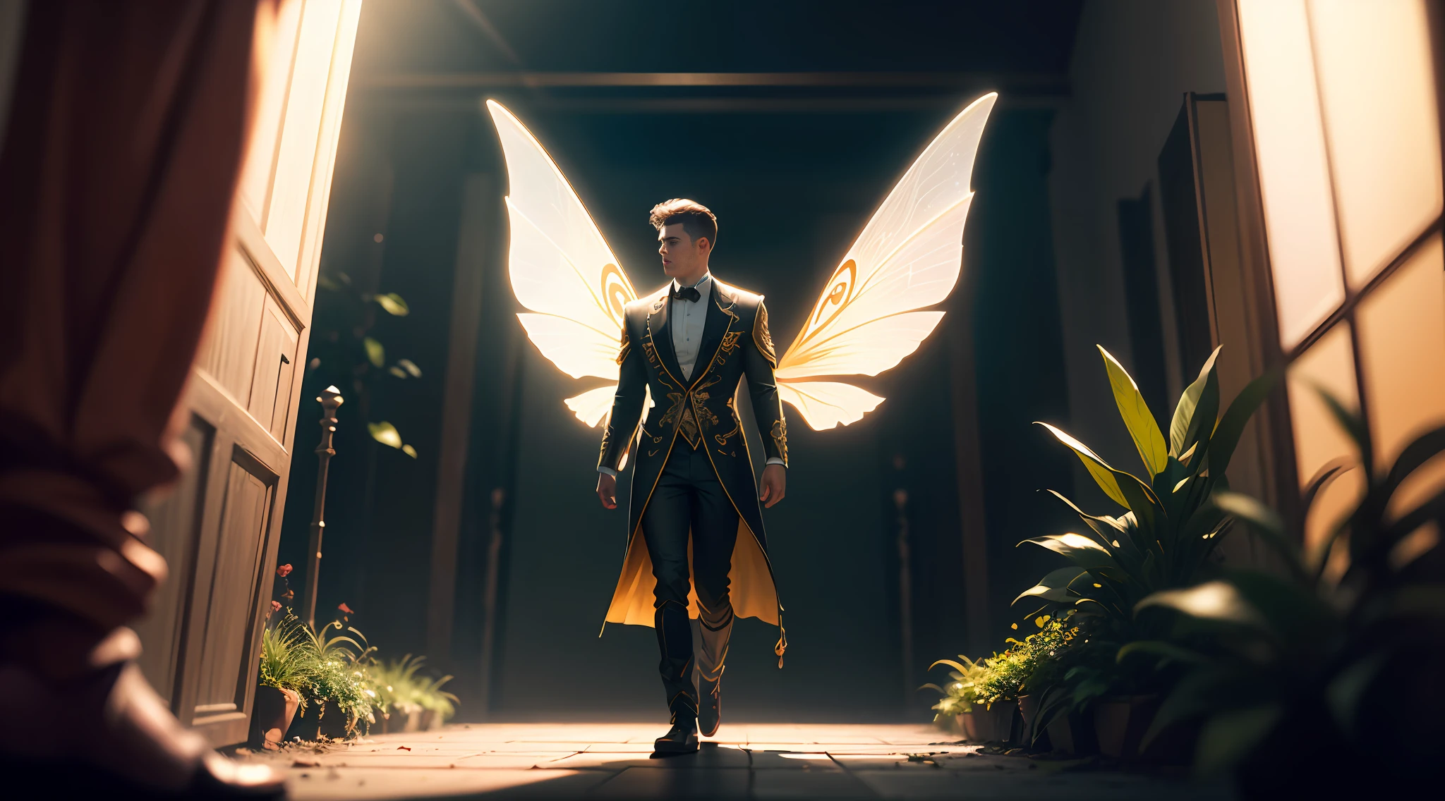 Full body male fairy with orange and gold details, large wings, intricate details, lush vegetation blurred background, vibrant colors, lush light, soft light, sunset light, smooth light, symmetrical, full body, reflections, dynamic HDR lighting, 8k resolution, cinematic film, smooth, sharp focus, realistic, stroboscopical light beams, ((blurred background)):1.7, (((depth of field)) ):1.8, cinestill 800t 35mm, high quality, heavy grain, high detail, cinematic composition, dramatic light, anamorphic, ultra wide lens, hyper-realistic --auto