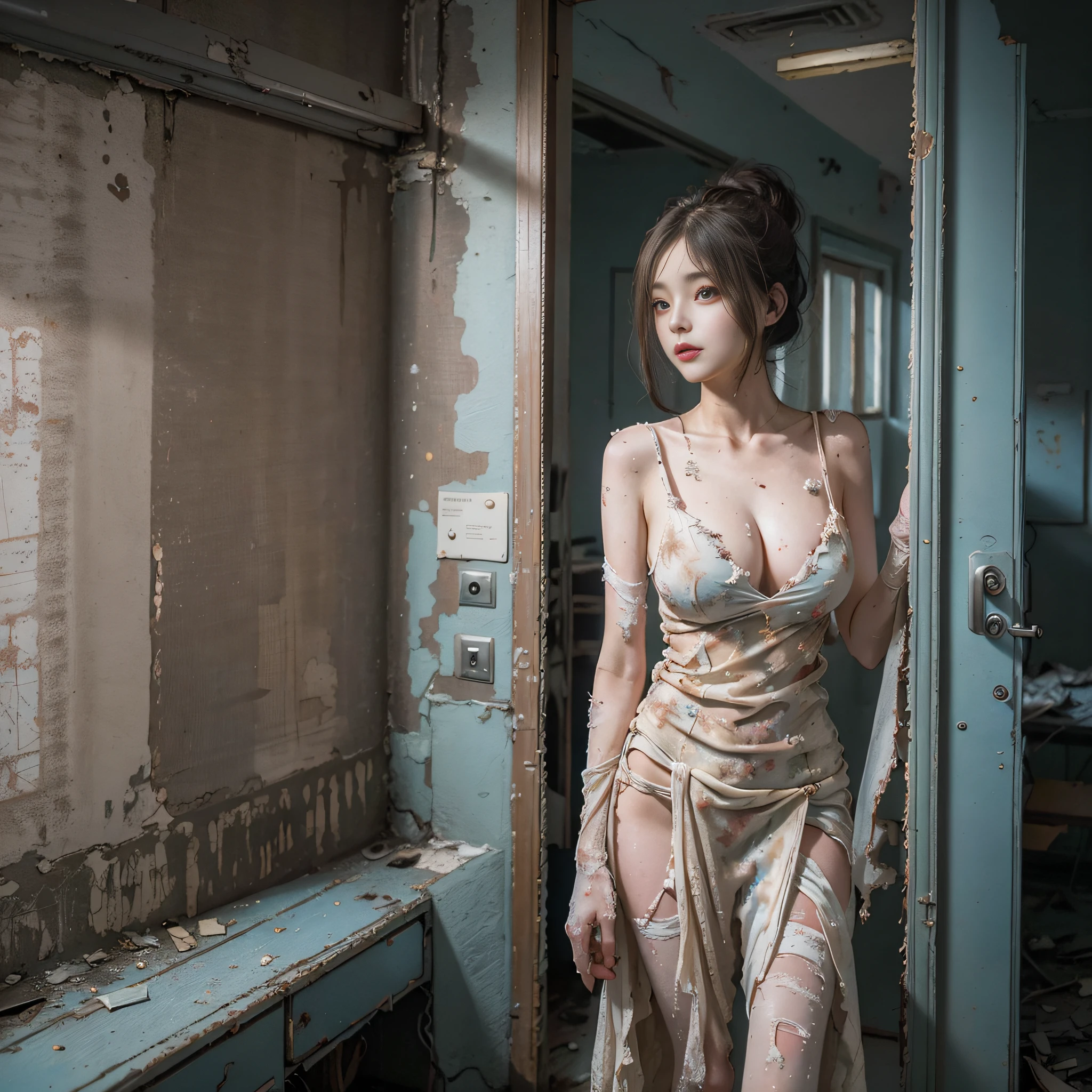 High Quality, Best Picture Quality, Best Quality, High Quality, 8K, 16K, 32K, Beautiful Woman, Big, (In an Abandoned Hospital), Tattered Clothes, Exposed Skin, Atmospheric Abandoned House, Night, Dimm, Fear