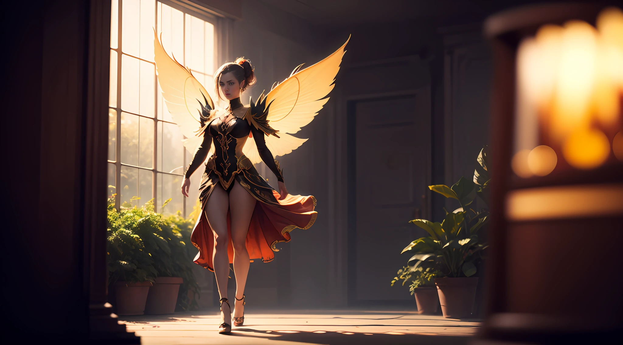 Full body male fairy with orange and gold details, large wings, intricate details, lush vegetation blurred background, vibrant colors, lush light, soft light, sunset light, smooth light, symmetrical, full body, reflections, dynamic HDR lighting, 8k resolution, cinematic film, smooth, sharp focus, realistic, stroboscopical light beams, ((blurred background)):1.7, (((depth of field)) ):1.8, cinestill 800t 35mm, high quality, heavy grain, high detail, cinematic composition, dramatic light, anamorphic, ultra wide lens, hyper-realistic --auto