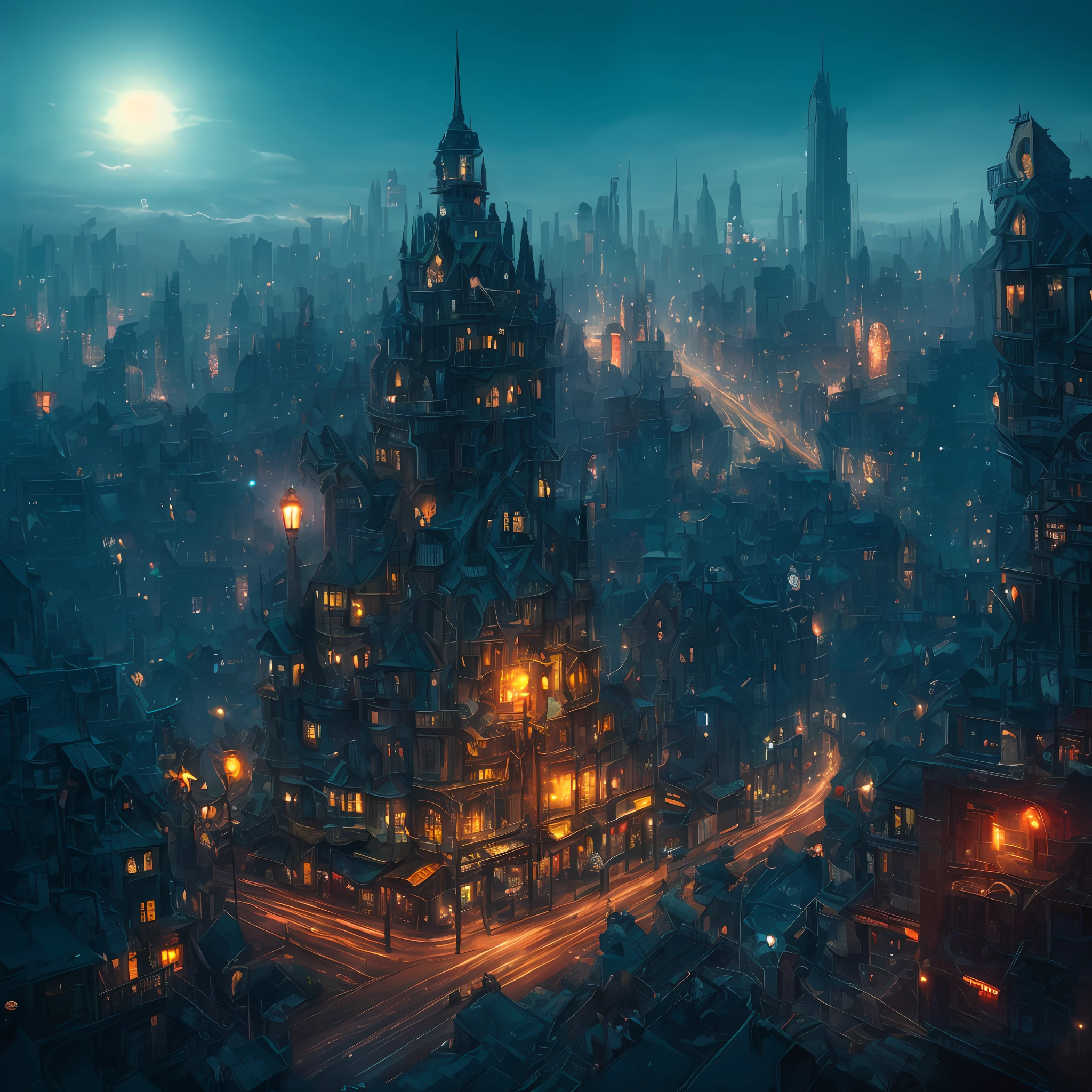 Buildings street, disturbing scene, close-up, photography, natural light, photorealism, cinematic rendering, ray tracing, highest quality, best detail, cinematic, third person view, blur effect, long exposure, 8K, ultra HD, nature lighting, moody lighting, cinematic lighting Against the backdrop of night city scenes, Generate city fantasy artwork of huge, stylized Cthulhu and inspired creatures. Incorporate elements of Cthulhu squid and Lovecraft to illustrate the cyborg octopus' paintings in detail. --auto