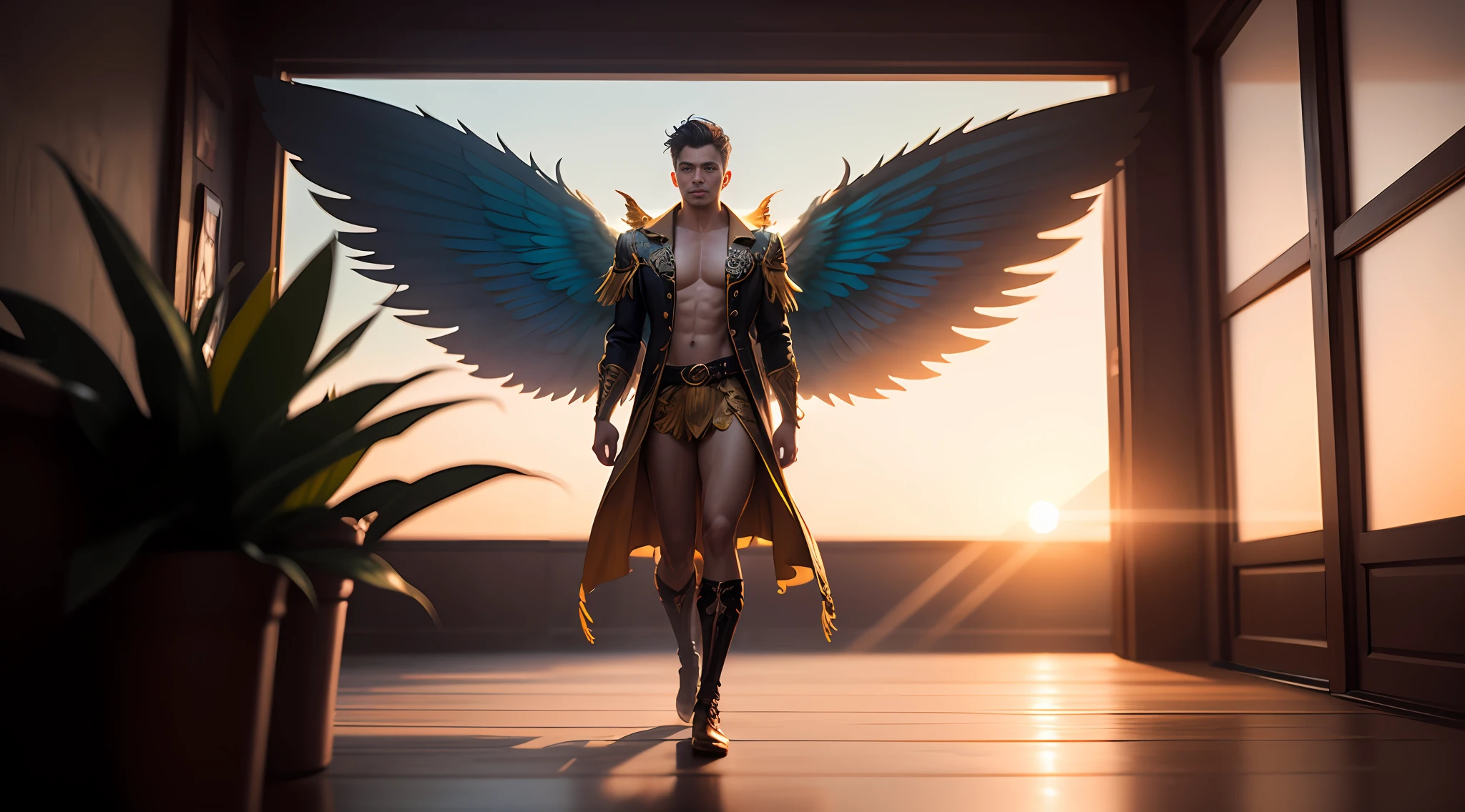 Full body male fairy with orange and gold details, large wings, intricate details, lush vegetation blurred background, vibrant colors, lush light, soft light, sunset light, smooth light, symmetrical, full body, reflections, dynamic HDR lighting, 8k resolution, cinematic film, smooth, sharp focus, realistic, stroboscopical light beams, ((blurred background)):1.7, (((depth of field)) ):1.8, cinestill 800t 35mm,  high quality, heavy grain, high detail, cinematic composition, dramatic light, anamorphic, ultra wide lens, hyper-realistic --auto