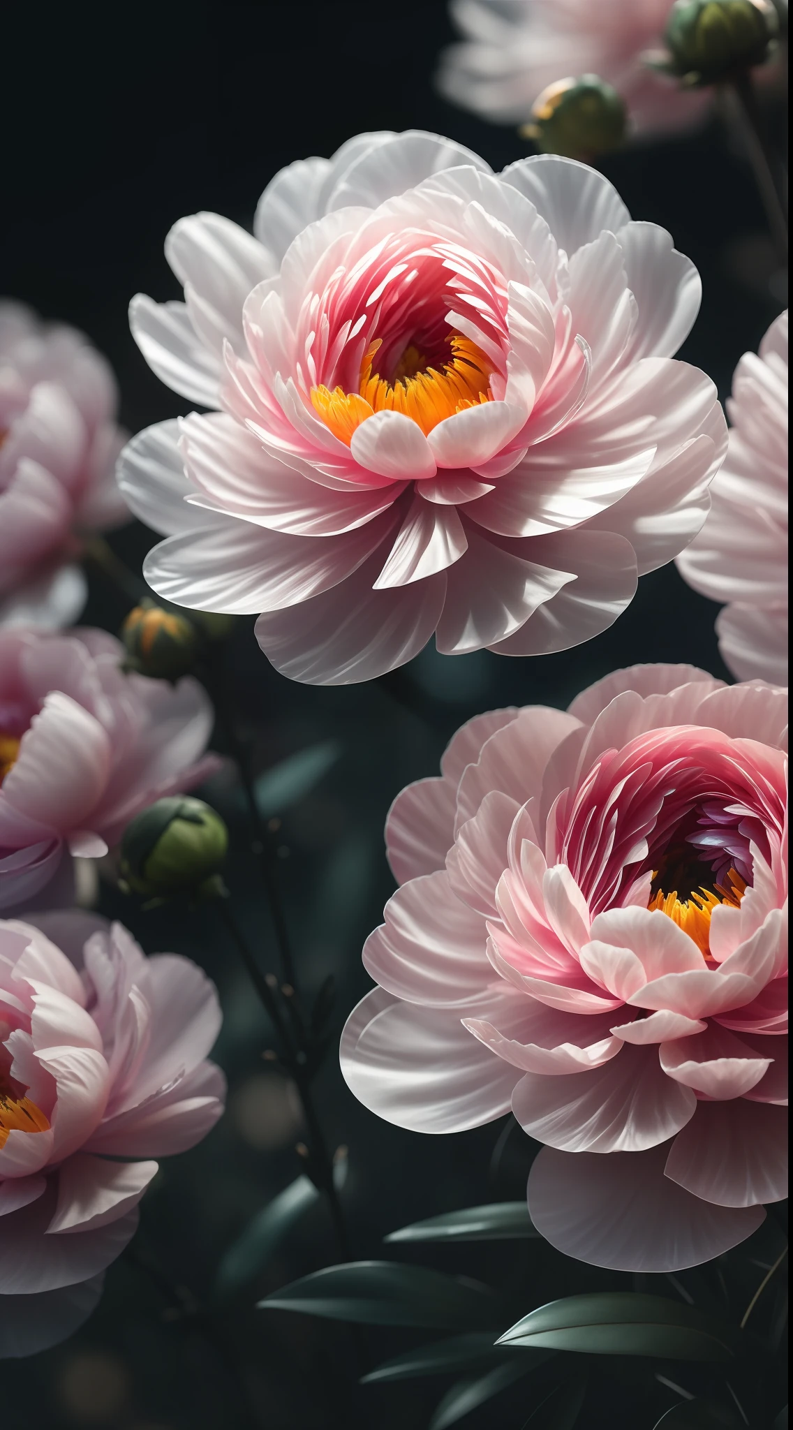 crystal peony, fantasy, galaxy, transparent, sparkling, sparkling, brilliant, colorful, magical photography, dramatic lighting, photo realism, ultra detail, 8k, depth of field, ultra resolution