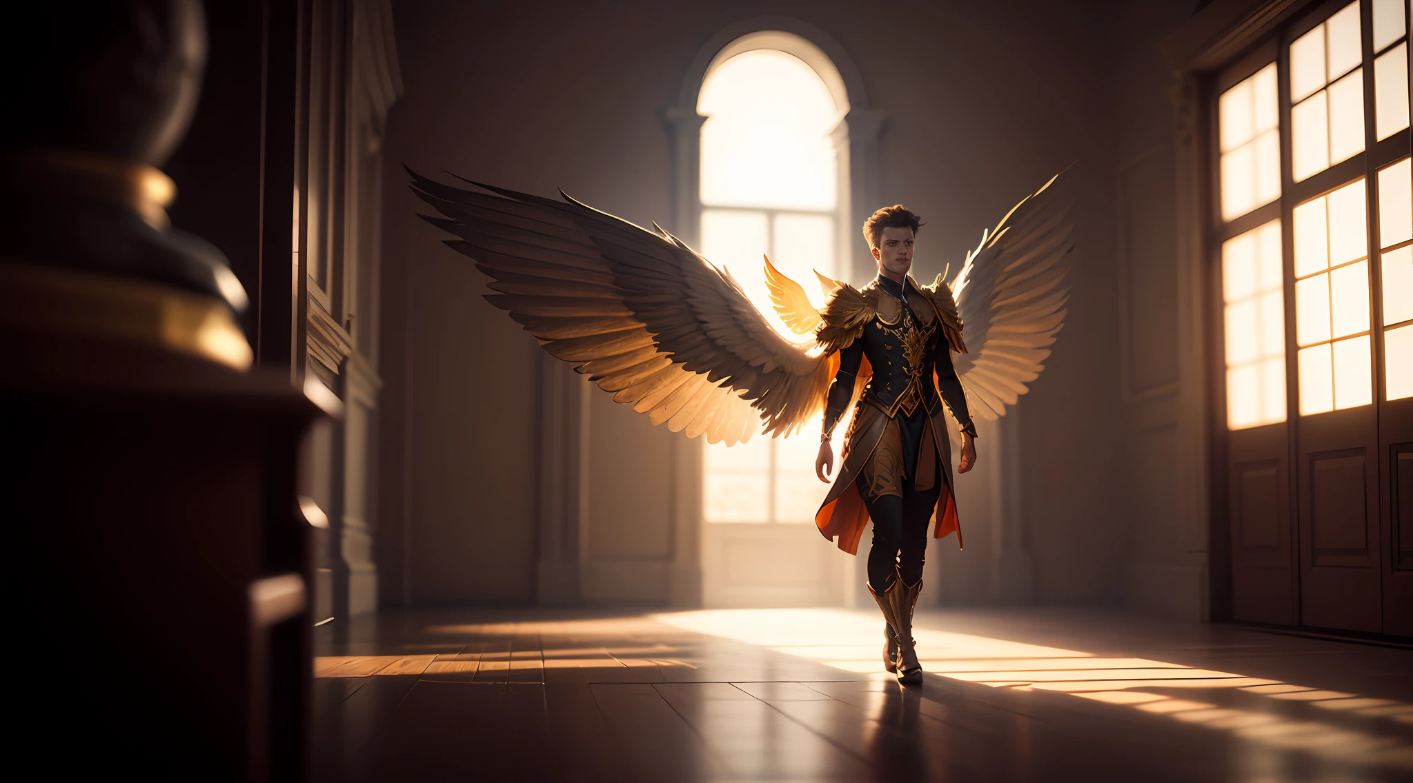 Full body male fairy with orange and gold details, large wings, intricate details, lush vegetation blurred background, vibrant colors, lush light, soft light, sunset light, smooth light, symmetrical, full body, reflections, dynamic HDR lighting, 8k resolution, cinematic film, smooth, sharp focus, realistic, stroboscopical light beams, ((blurred background)):1.7, (((depth of field)) ):1.8, cinestill 800t 35mm,  high quality, heavy grain, high detail, cinematic composition, dramatic light, anamorphic, ultra wide lens, hyper-realistic --auto