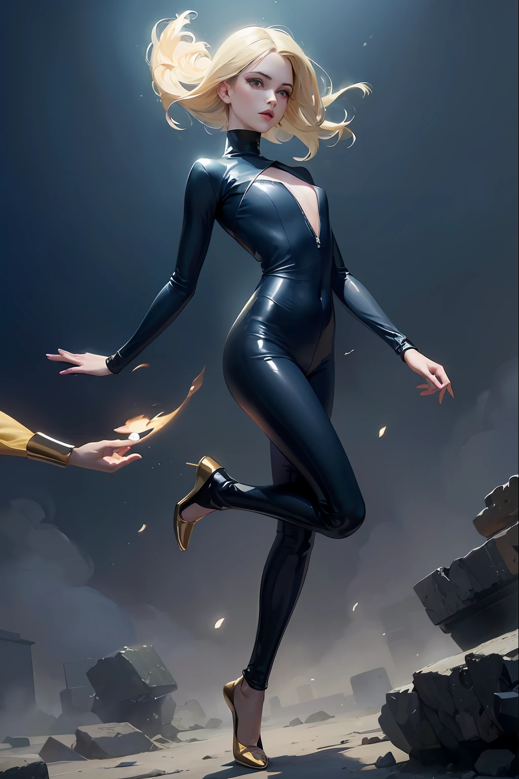POV expansive Sue Storm of the fantastic four, 1 girl, ((thin)), perfect face, ((blonde)), sexy look and lips between open, wearing uniform ((full body)) in latex (((blue)) with details ((gold)) and ((number four stamped on the chest)), turtleneck, ((full body)), ((Action pose)), by Kaethe Butcher, Jon Klassen, Gil Elvgren, Bill Plympton, Kate Beaton, Enoch Bolles, Rolf Armstrong, Winsor McCay, jean james, moebius, official art, unity 8k wallpaper, ultra detailed, beautiful and aesthetic, masterpiece, best quality, (dynamic angle: 1.4), glossy leather, (floating colored glow: 1) the most beautiful form of chaos, flowerpunk, elegant, a brutalist design, vivid colors, romanticism, ultra wide angle