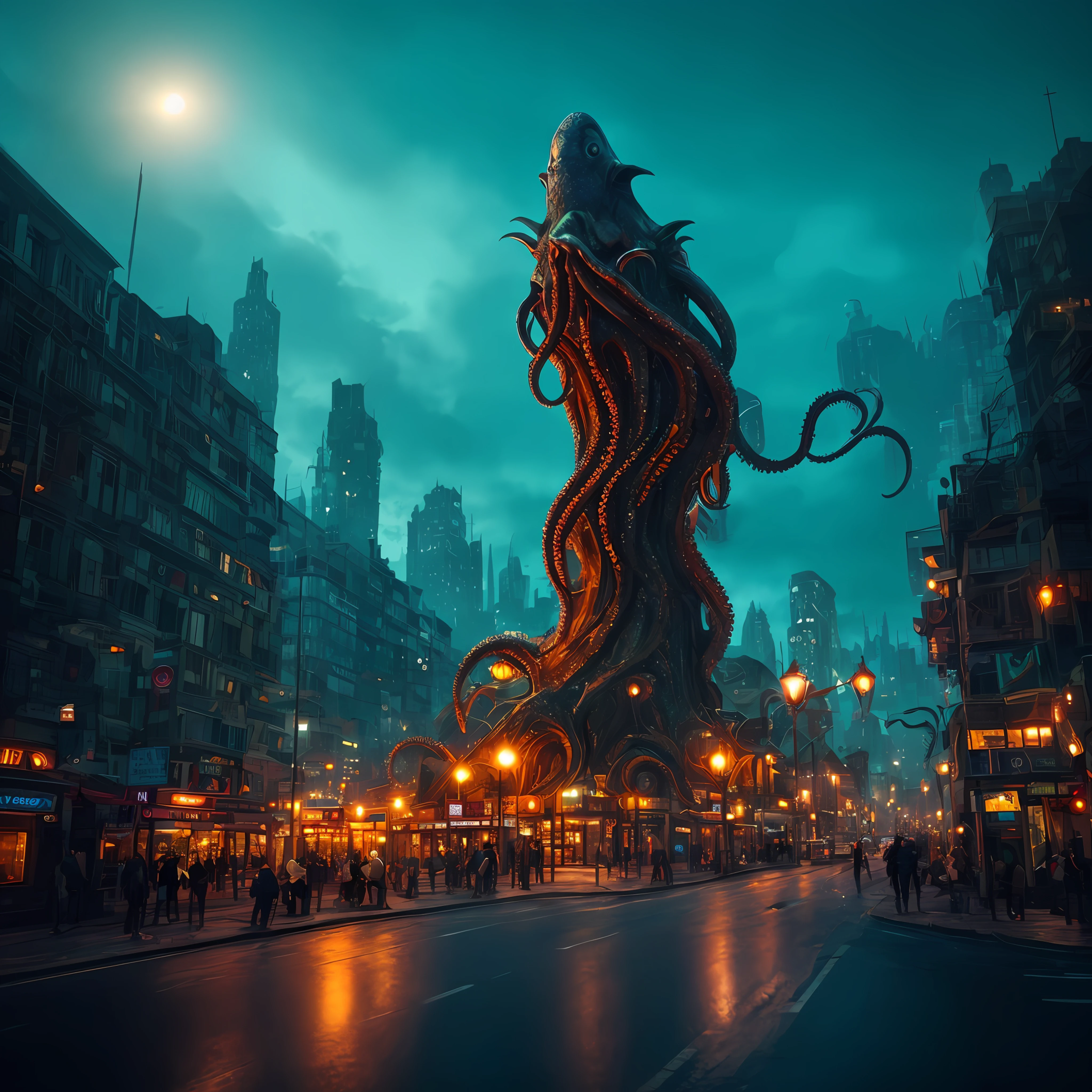 Buildings street, disturbing scene, close-up, photography, natural light, photorealism, cinematic rendering, ray tracing, highest quality, best detail, cinematic, third person view, blur effect, long exposure, 8K, ultra HD, nature lighting, moody lighting, cinematic lighting Against the backdrop of night city scenes, Generate city fantasy artwork of huge, stylized Cthulhu and inspired creatures. Incorporate elements of Cthulhu squid and Lovecraft to illustrate the cyborg octopus' paintings in detail. --auto