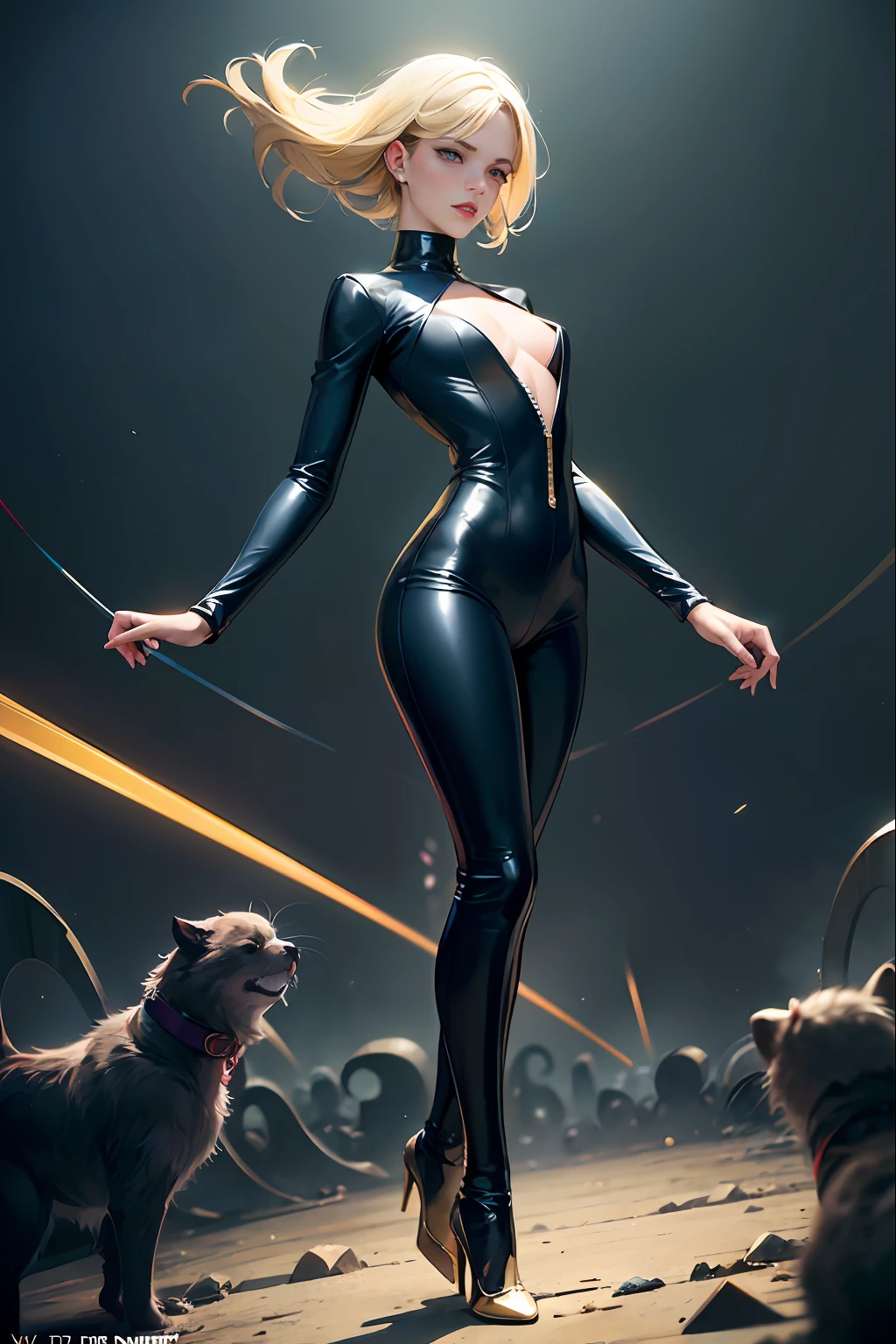 POV expansive Sue Storm of the fantastic four, 1 girl, ((thin)), perfect face, ((blonde)), sexy look and lips between open, wearing uniform ((full body)) in latex (((blue)) with details ((gold)) and ((number four stamped on the chest)), turtleneck, ((full body)), ((Action pose)), by Kaethe Butcher, Jon Klassen, Gil Elvgren, Bill Plympton, Kate Beaton, Enoch Bolles, Rolf Armstrong, Winsor McCay, jean james, moebius, official art, unity 8k wallpaper, ultra detailed, beautiful and aesthetic, masterpiece, best quality, (dynamic angle: 1.4), glossy leather, (floating colored glow: 1) the most beautiful form of chaos, flowerpunk, elegant, a brutalist design, vivid colors, romanticism, ultra wide angle