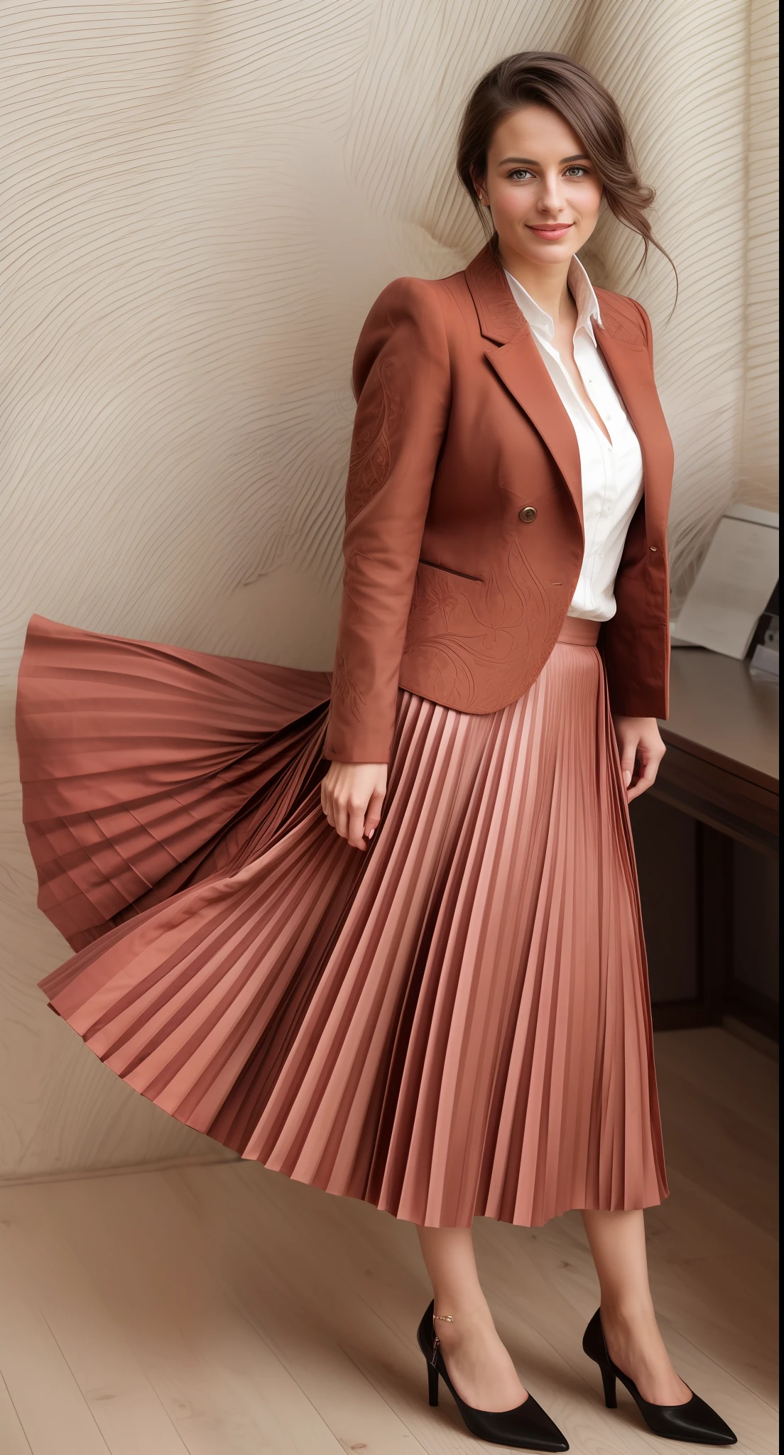authentic (very shy smiling) good woman wearing a short blazer with a very very detailed (long (fully pleated) full circle skirt) and (simple) low heeled office shoes, very very intricate hyper-detailed symmetric (attractive graceful young feminine face) with (sad, tired eyes and shy smile:1,8), full of empathy and compassion and love, (pronounced (feminine) features), (highly detailed ultra accurate realistic) hands and fingers, (windy conditions and wind blowing), epic composition, highly detailed attributes, highly detailed atmosphere, (35mm f1.4 Kodak portra 400 photograph), extremely high quality RAW photograph, intricate, Exquisite details and textures,