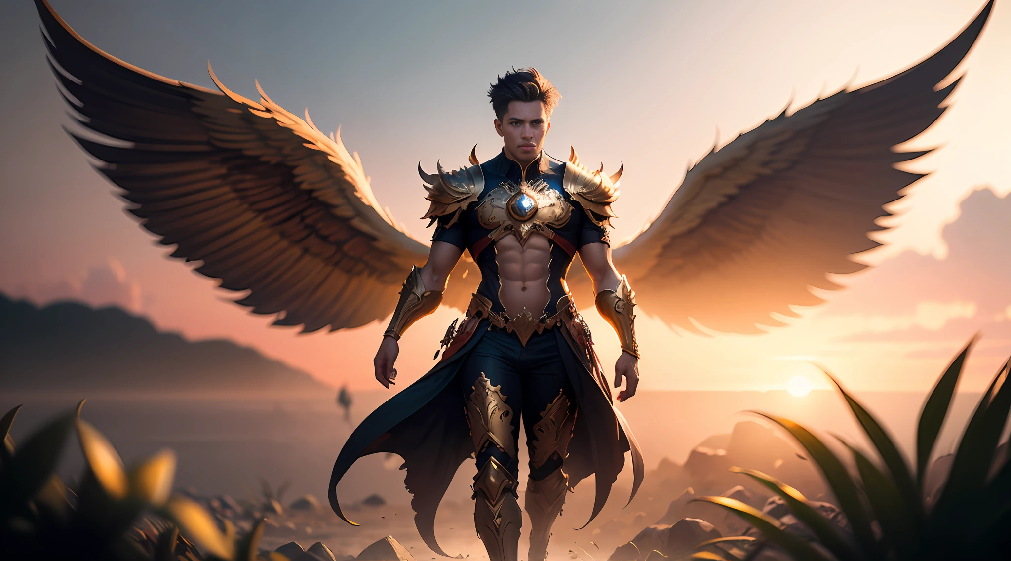 Full body male fairy with orange and gold details, large wings, intricate details, lush vegetation blurred background, vibrant colors, lush light, soft light, sunset light, smooth light, symmetrical, full body, reflections, dynamic HDR lighting, 8k resolution, cinematic film, smooth, sharp focus, realistic, stroboscopical light beams, ((blurred background)):1.7, (((depth of field)) ):1.8, cinestill 800t 35mm,  high quality, heavy grain, high detail, cinematic composition, dramatic light, anamorphic, ultra wide lens, hyper-realistic --auto