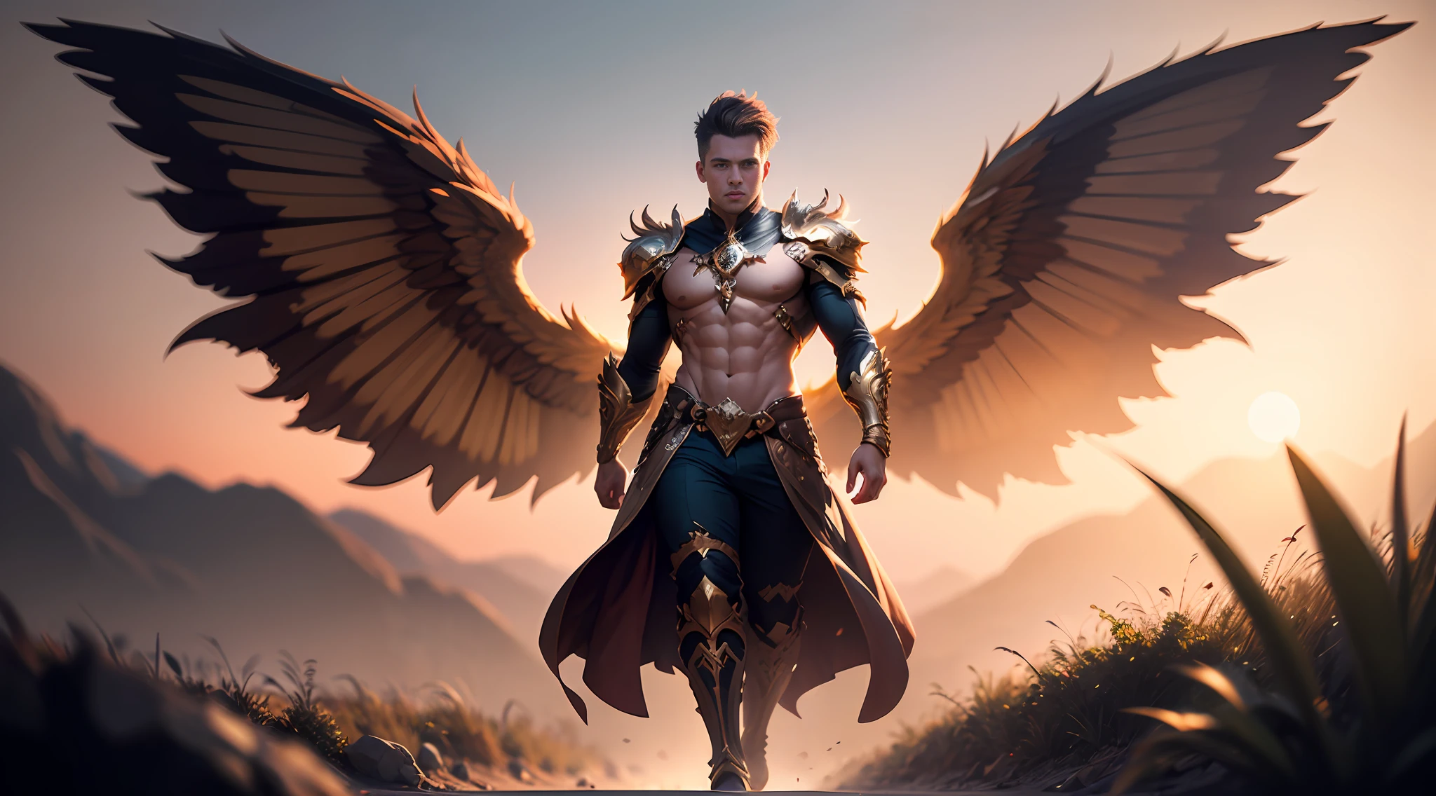 Full body male fairy with orange and gold details, large wings, intricate details, lush vegetation blurred background, vibrant colors, lush light, soft light, sunset light, smooth light, symmetrical, full body, reflections, dynamic HDR lighting, 8k resolution, cinematic film, smooth, sharp focus, realistic, stroboscopical light beams, ((blurred background)):1.7, (((depth of field)) ):1.8, cinestill 800t 35mm, high quality, heavy grain, high detail, cinematic composition, dramatic light, anamorphic, ultra wide lens, hyper-realistic --auto