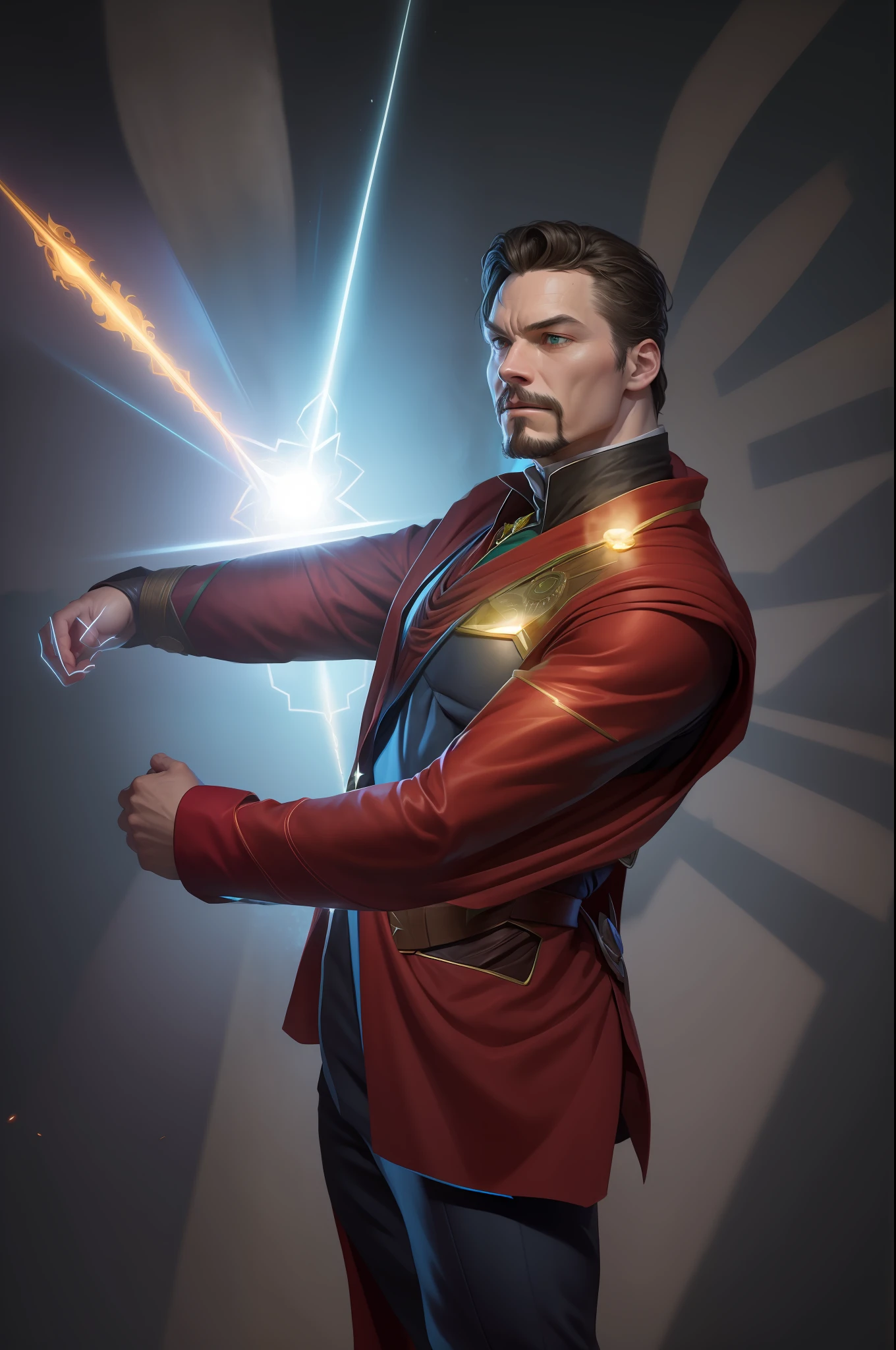 solo, masterpiece, best quality, medium shot of Doctor Strange Master of mystical arts. Eye of agamotto magical amulet. Magical spells. Floating. Cape, marvel, fighting stance, dynamic angle