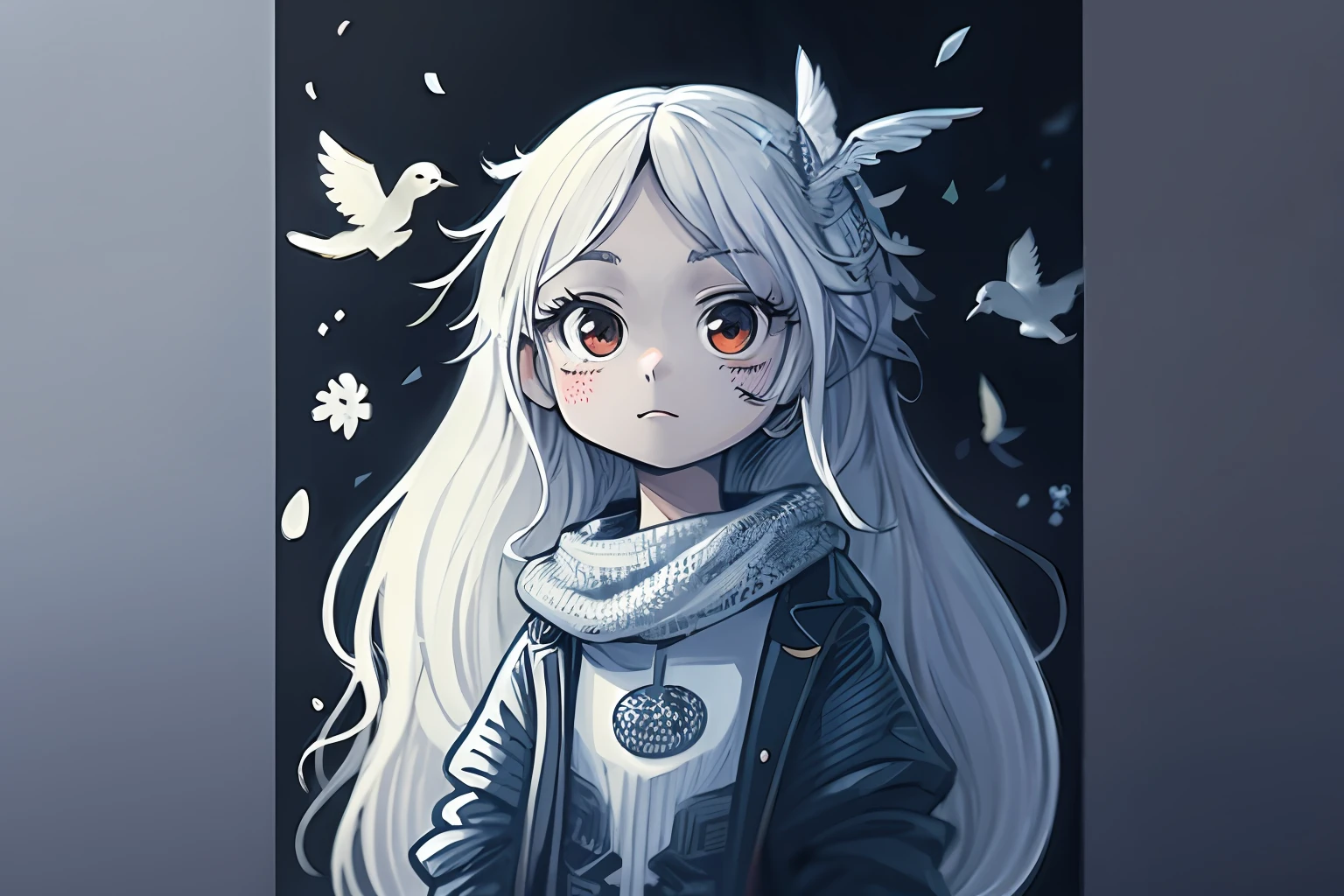 anime girl with long white hair and a scarf and a bird, girl with white hair, anime style illustration, silver hair girl, digital anime illustration, cute detailed digital art, anime style portrait, detailed fanart, 2d matte illustration, cute art style, beautiful anime portrait, loish art style, anime styled digital art, anime illustration, detailed portrait of anime girl